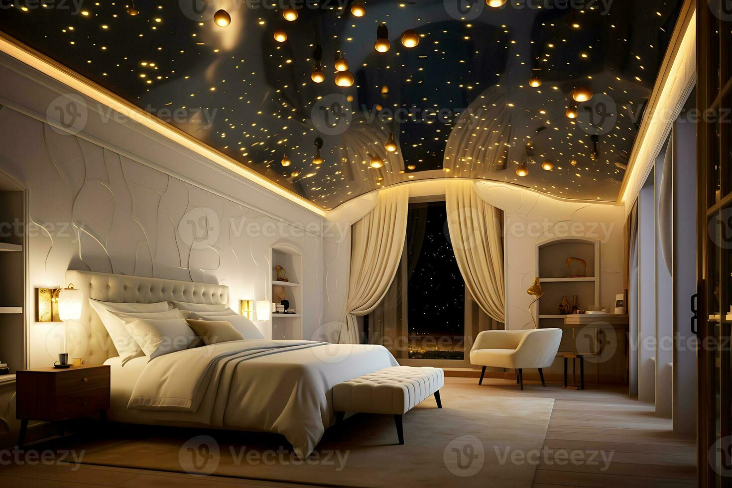 AI generated Bedroom with ceiling covered with stars photo