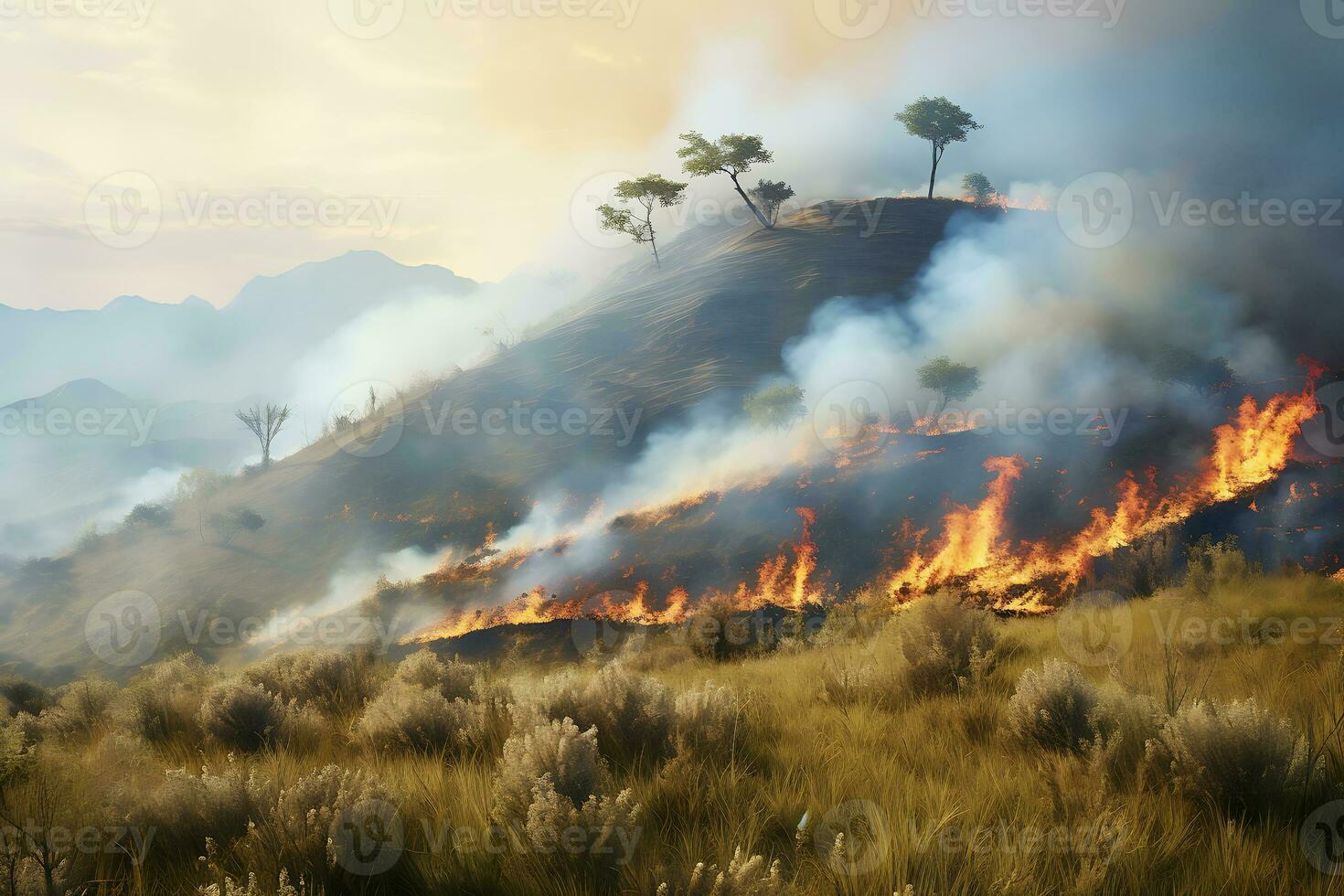 AI generated A fiery inferno rages through a mountain forest, threatening all in its path. photo