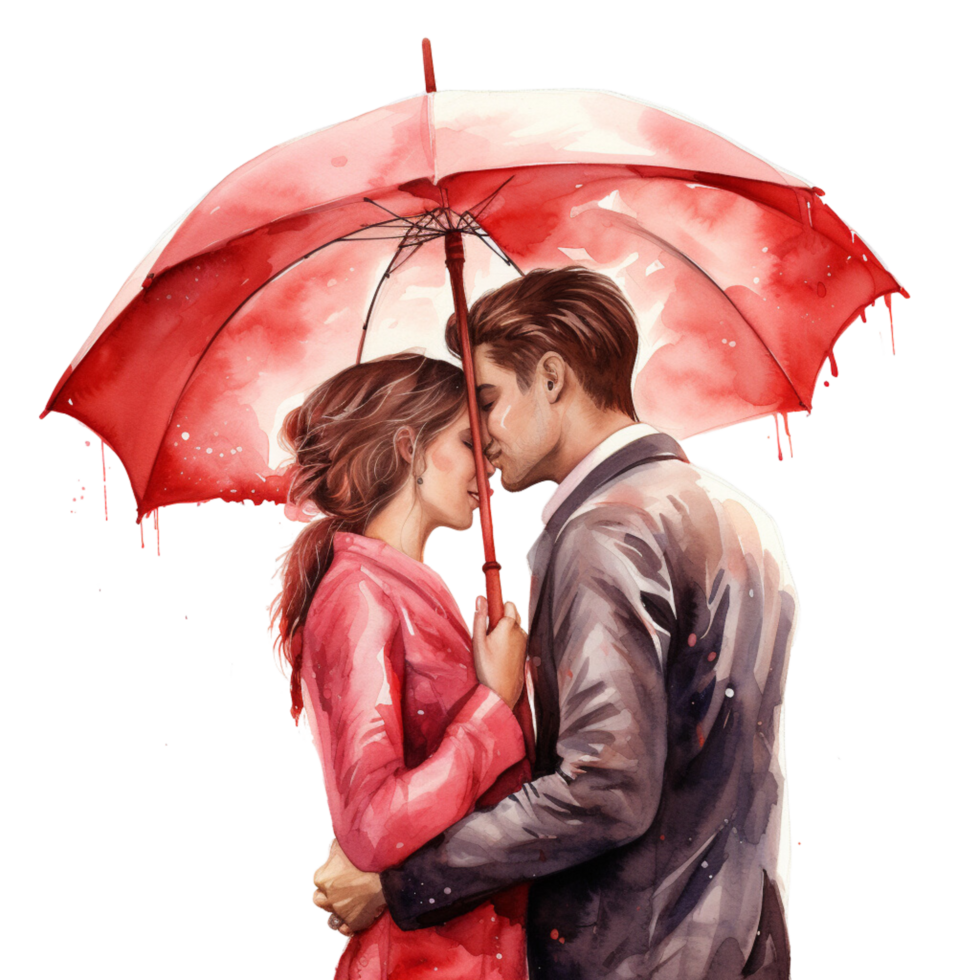 ai gerado chuvoso dia casal se beijando debaixo guarda-chuva em uma transparente fundo png