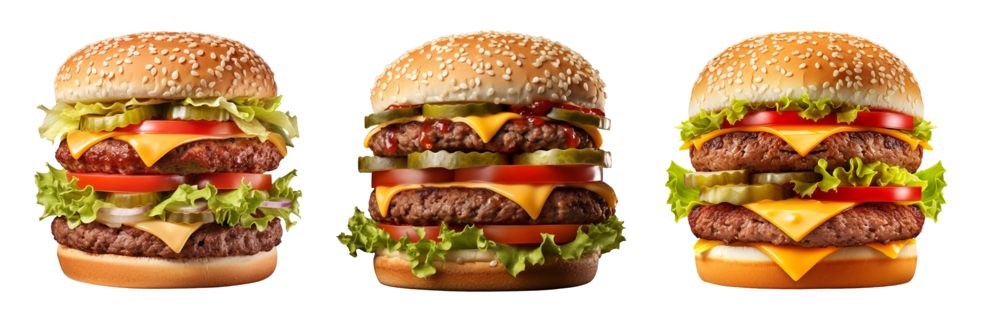 AI generated three hamburgers with different toppings on them on a transparent background png