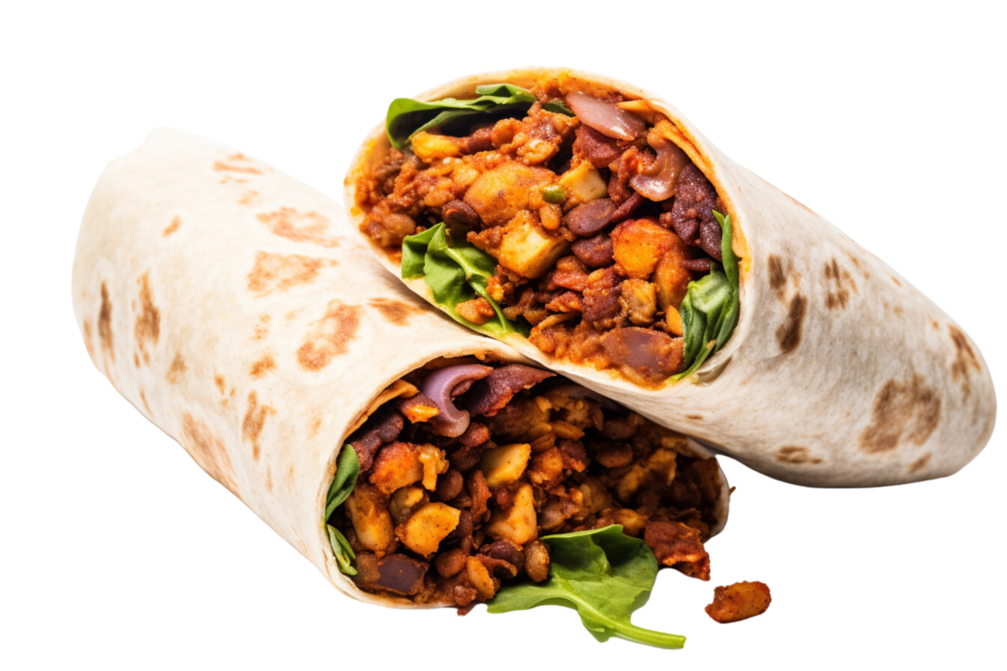 AI generated a burrito cut in half on a transparent background png