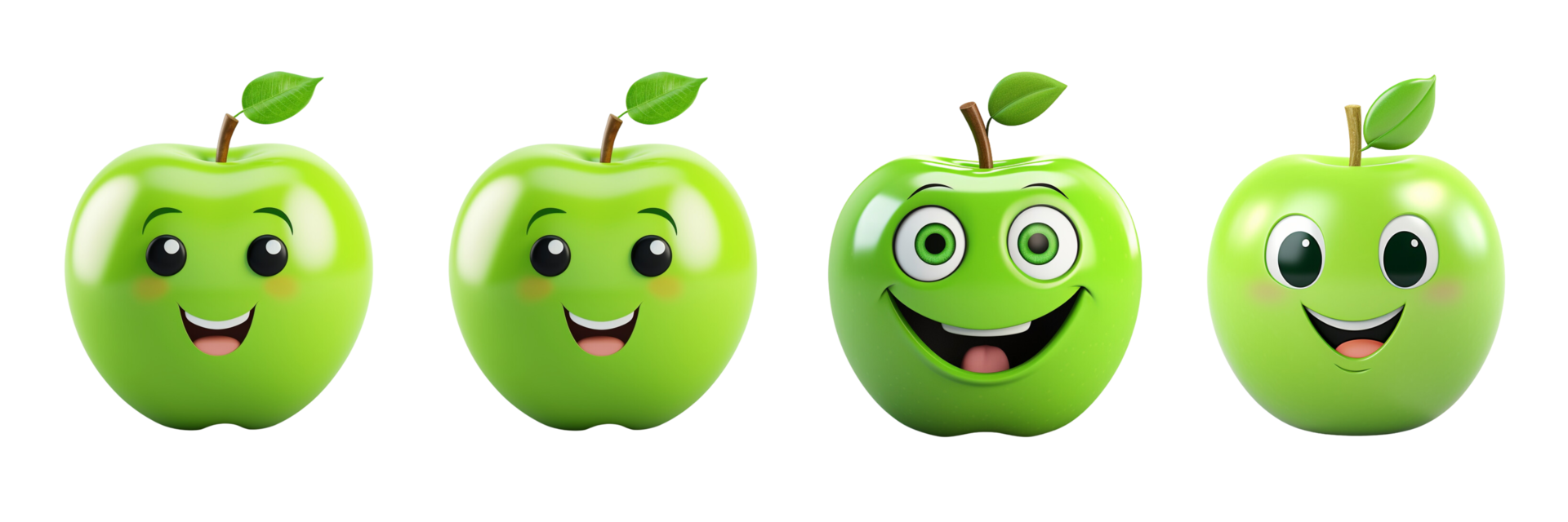 AI generated three green apples with faces and eyes png