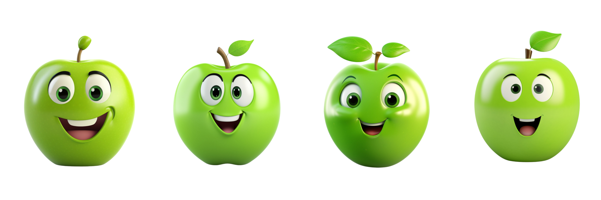 AI generated three green apples with faces and eyes png