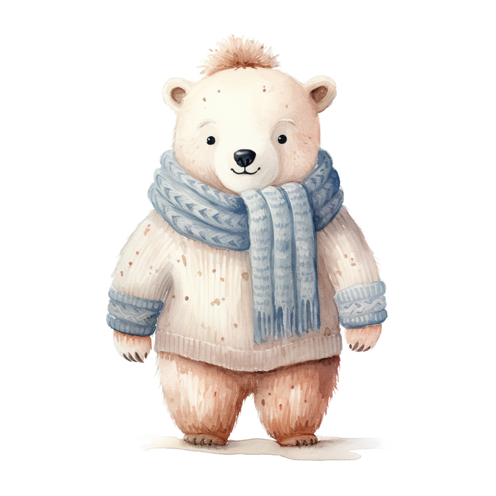 AI generated Polar Bear Wearing Winter Clothes For Christmas Event. Watercolor Style. AI Generated png