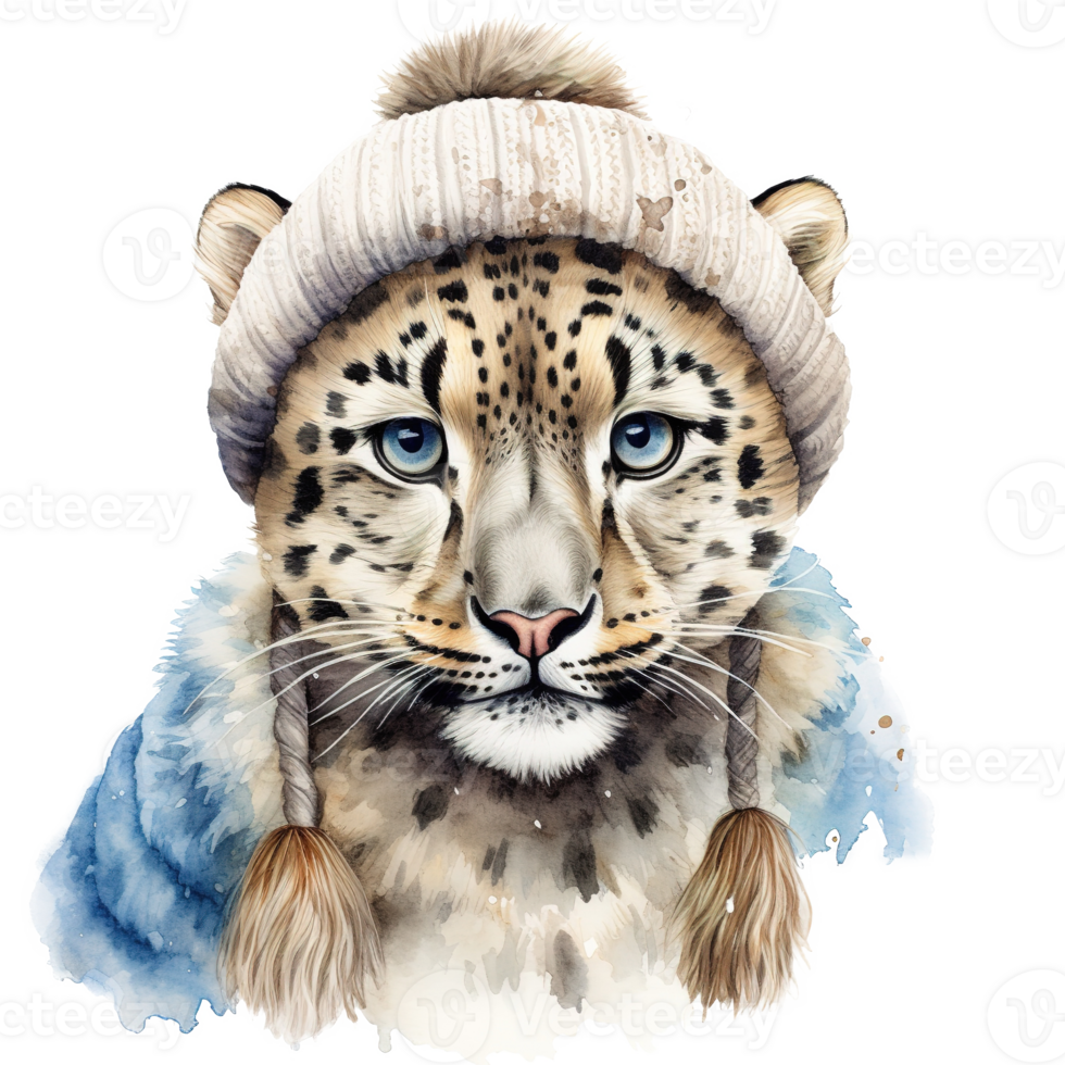 AI generated Snow Leopard Wearing Winter Clothes For Christmas Event. Watercolor Style. AI Generated png