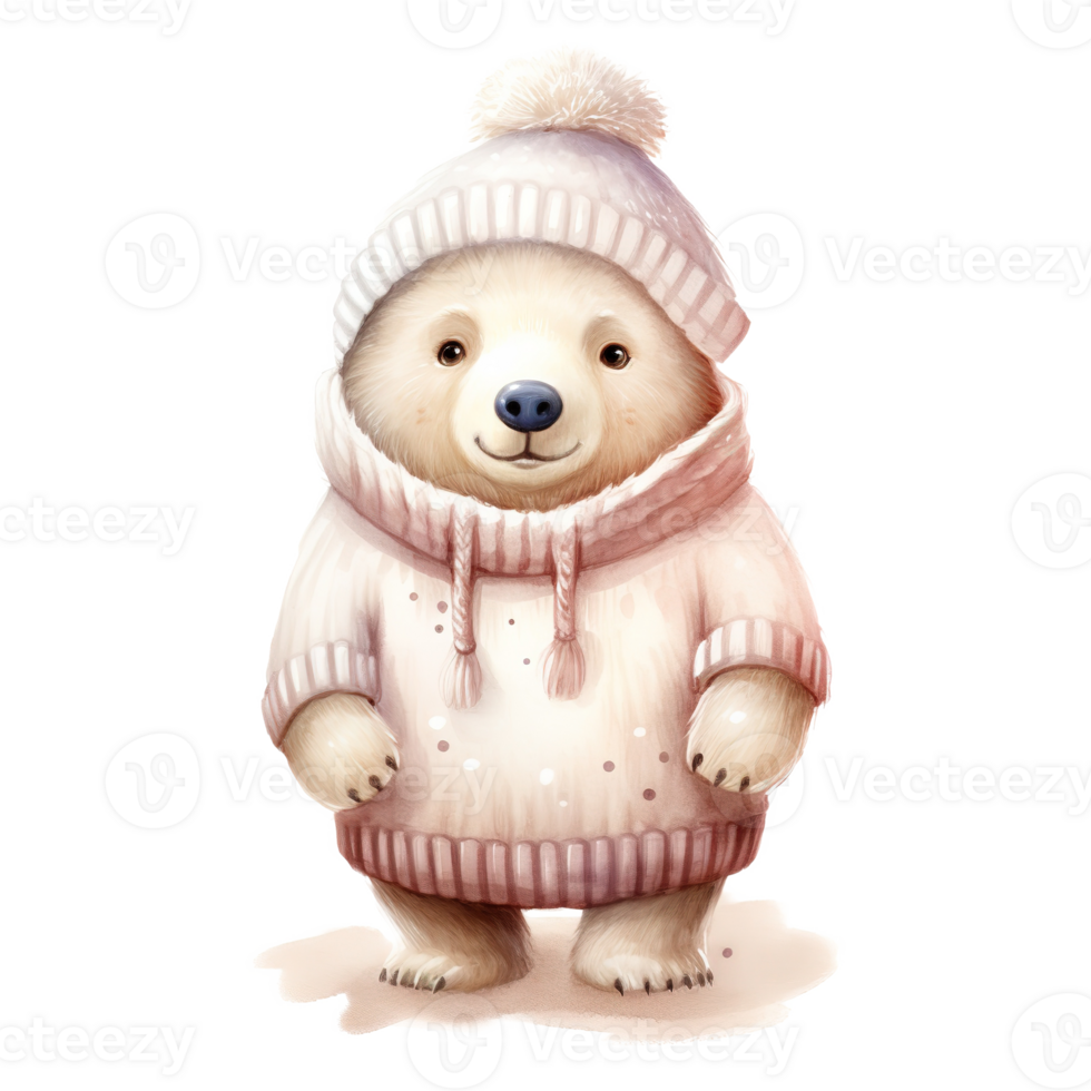 AI generated Polar Bear Wearing Winter Clothes For Christmas Event. Watercolor Style. AI Generated png