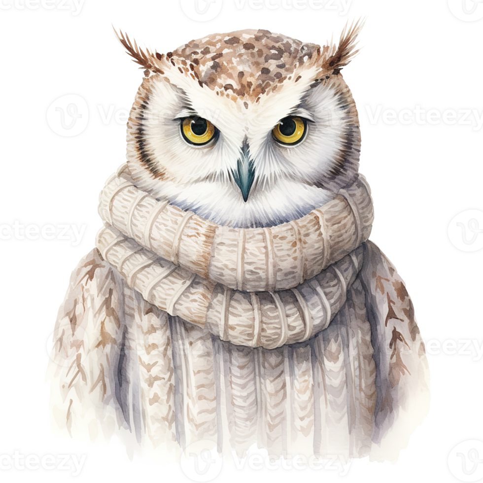 AI generated Owl Wearing Winter Clothes For Christmas Event. Watercolor Style. AI Generated png