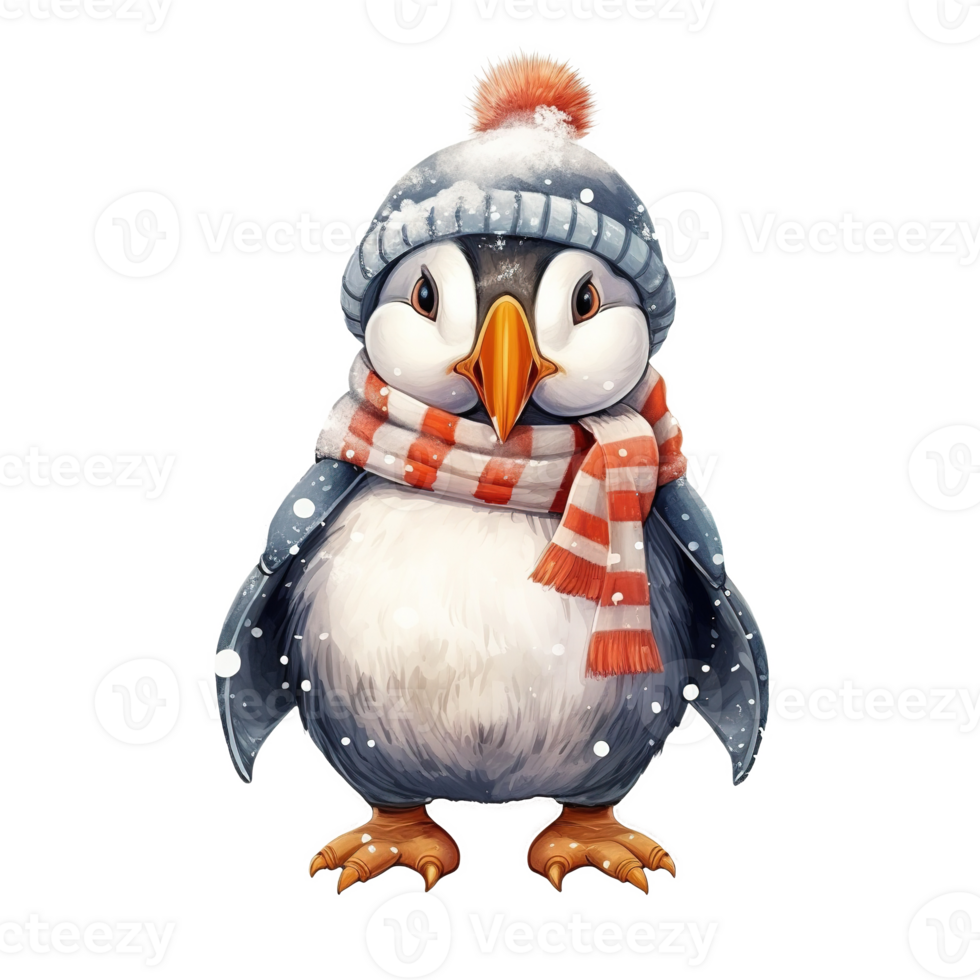 AI generated Puffin Wearing Winter Clothes For Christmas Event. Watercolor Style. AI Generated png