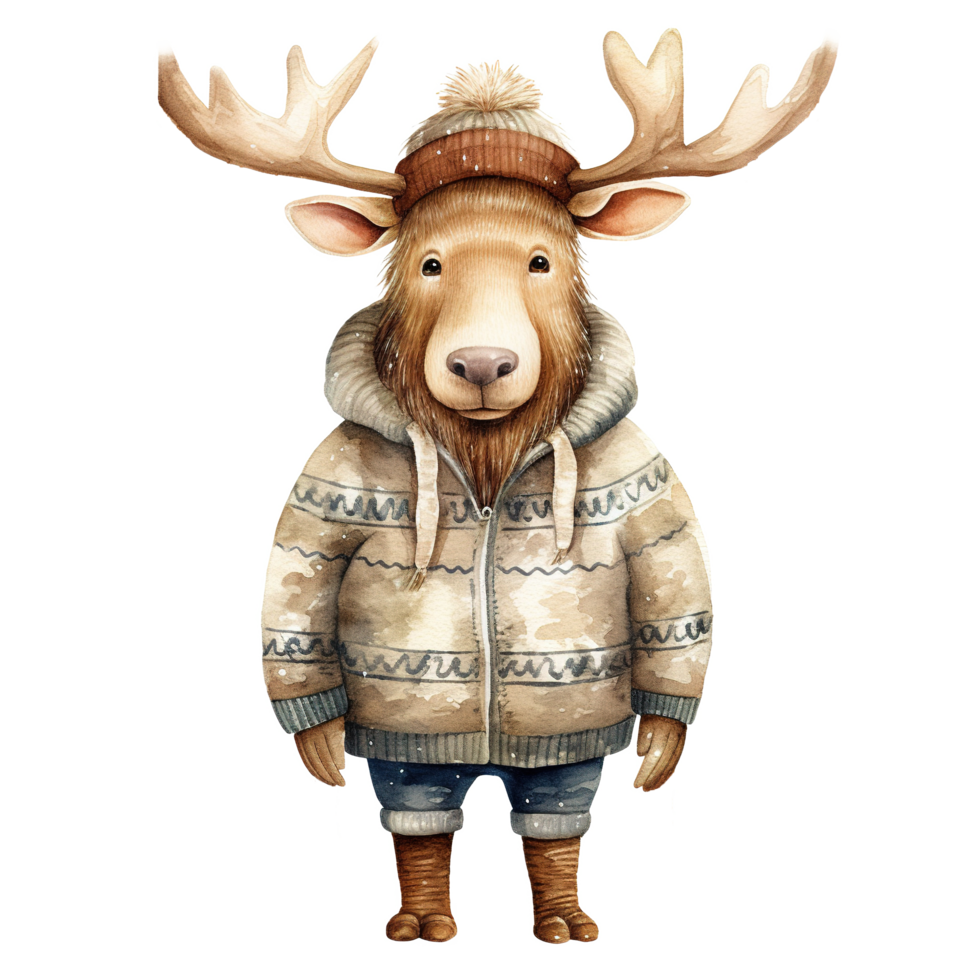 AI generated Moose Wearing Winter Clothes For Christmas Event. Watercolor Style. AI Generated png