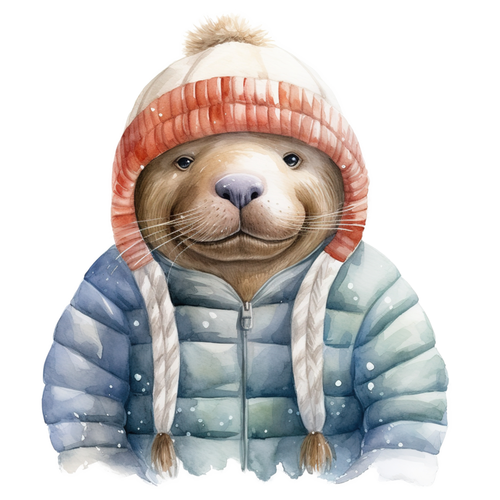 AI generated Walrus Wearing Winter Clothes For Christmas Event. Watercolor Style. AI Generated png