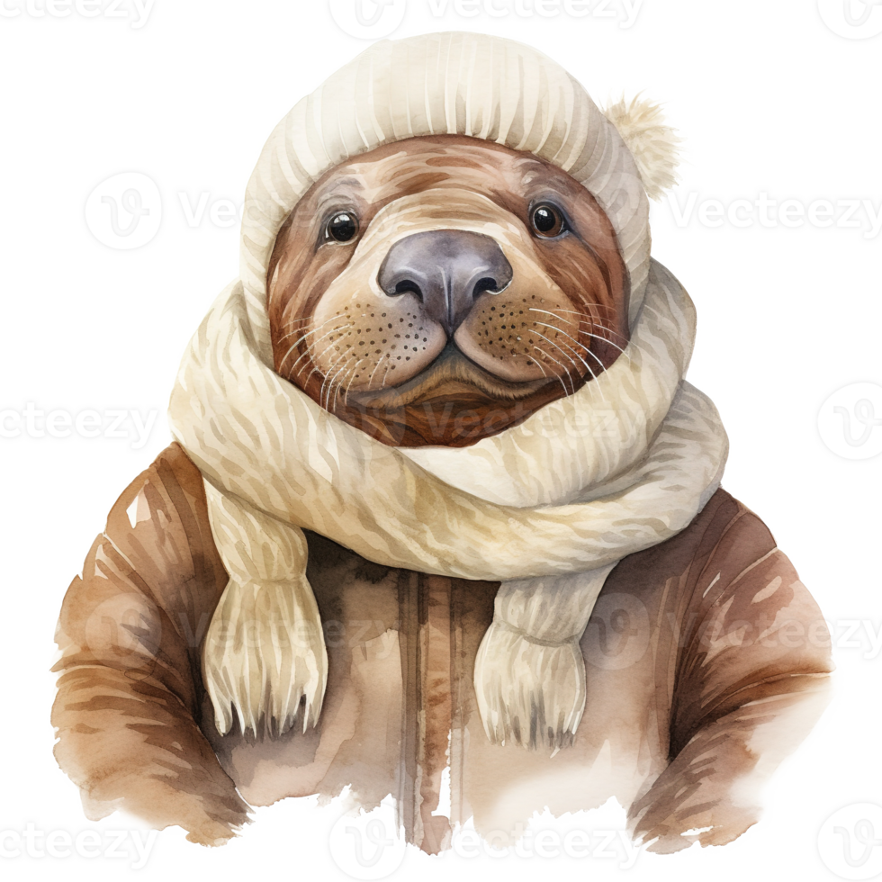 AI generated Walrus Wearing Winter Clothes For Christmas Event. Watercolor Style. AI Generated png