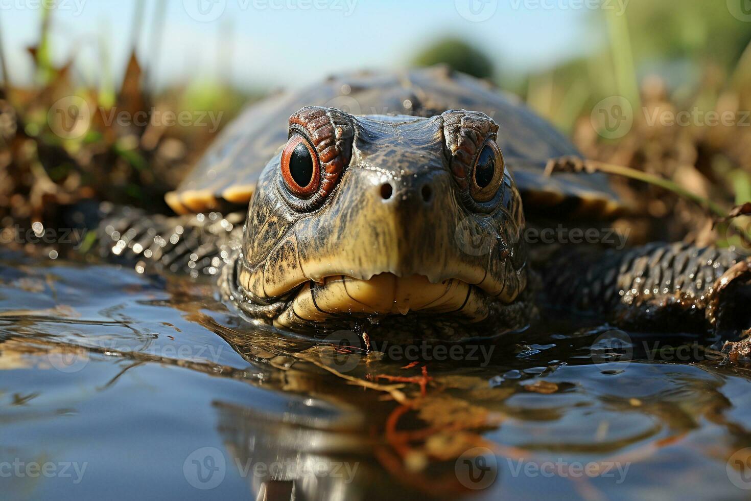 AI generated Turtle poke sit shed out of the water pond daylight. Generative AI. photo