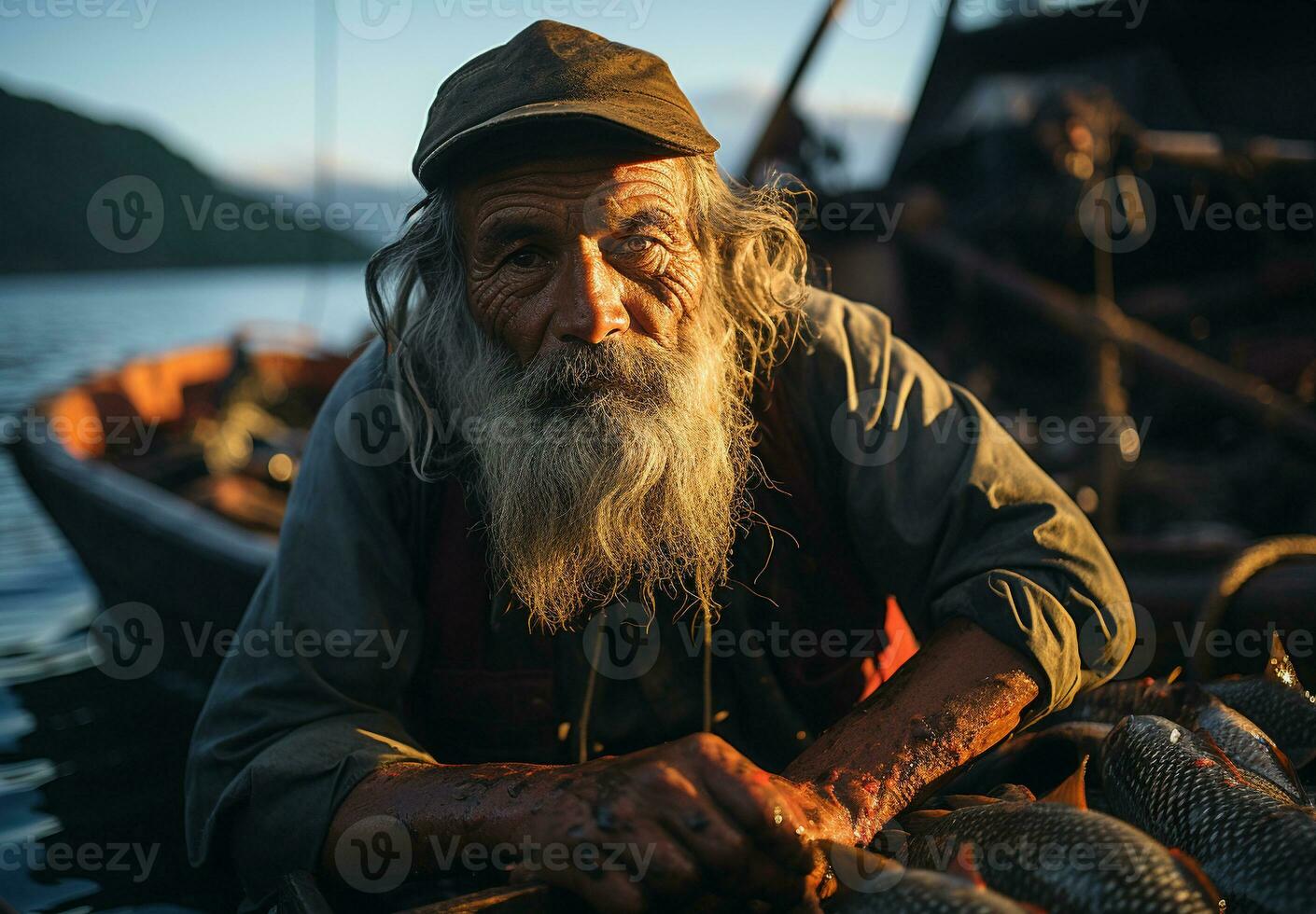 AI generated Fishermen catch fish, Fishermen show ancient way of fishing nets. generaive ai photo