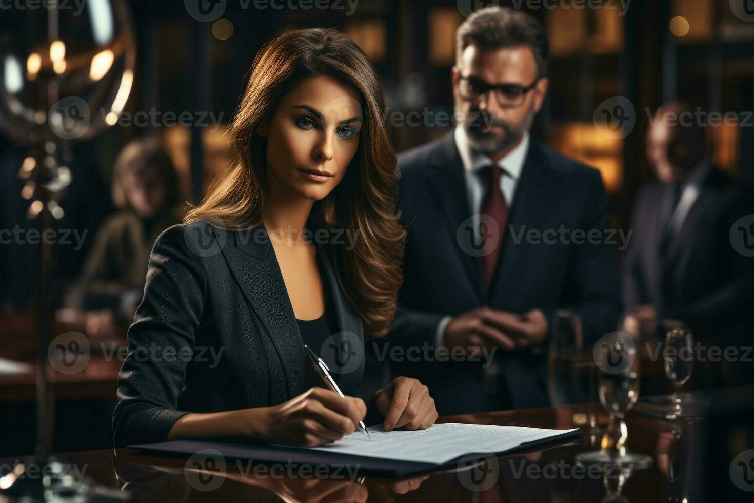 AI generated Business woman and man lawyer attorney showing document to man client providing advisory services, professionals discussing tax papers working in office at meeting. photo