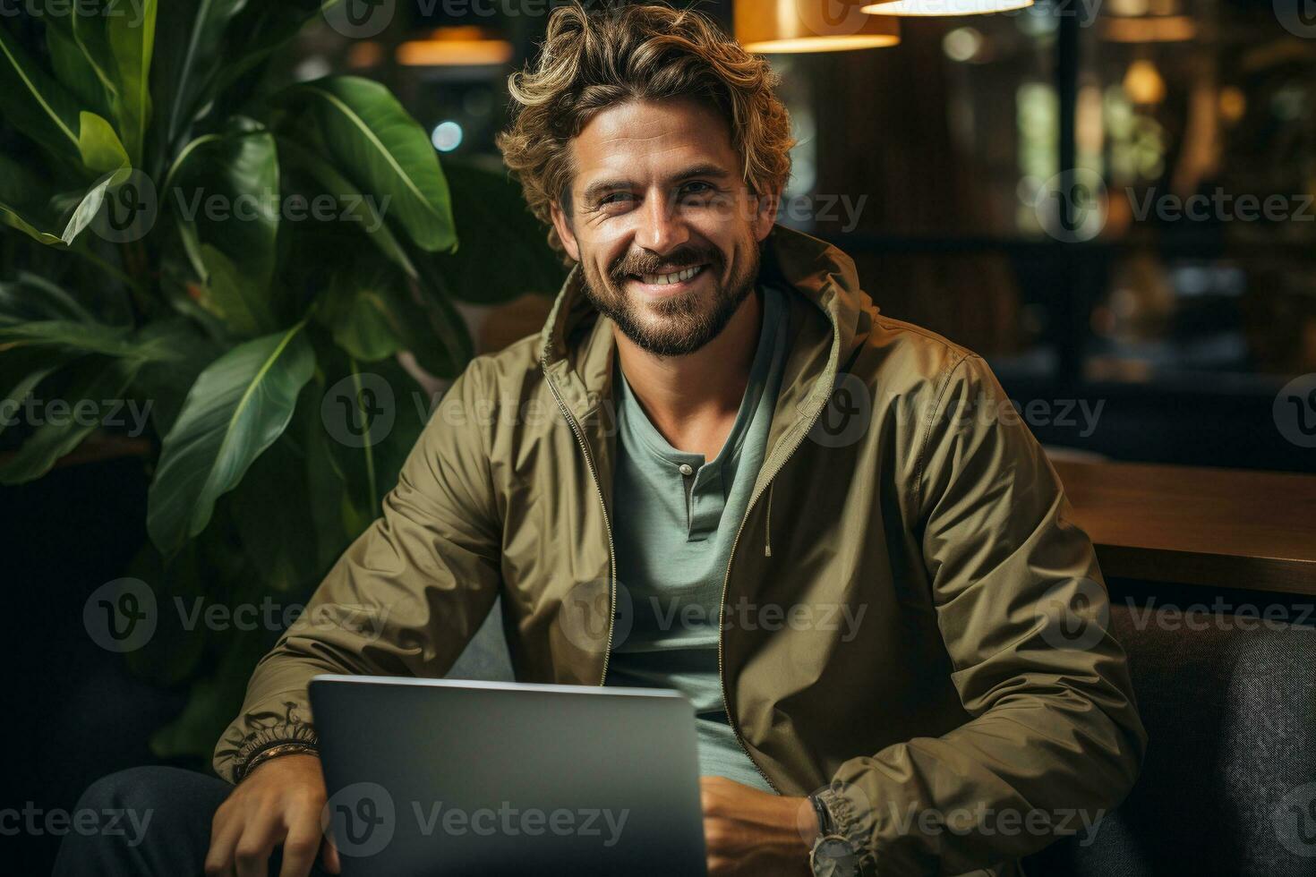 AI generated Young businessman or freelancer wears casual clothes while sitting and raising his hand while working with a laptop on a cozy sofa. Work from home. generative ai. photo