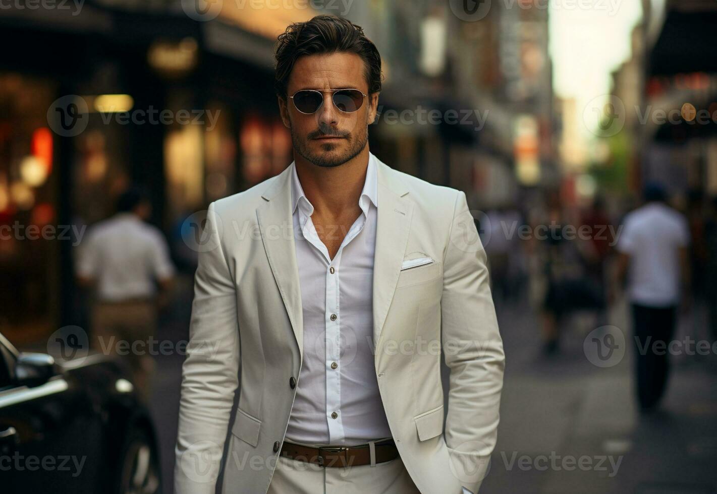 AI generated portrait of a handsome smiling white young american businessman boss in a white suit walking on a city street to his company office. Generative ai. photo