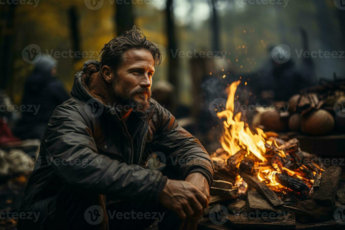 AI generated Camping man sitting by the fire at night against the sky. The concept of travel, tourism, camping. generative ai photo