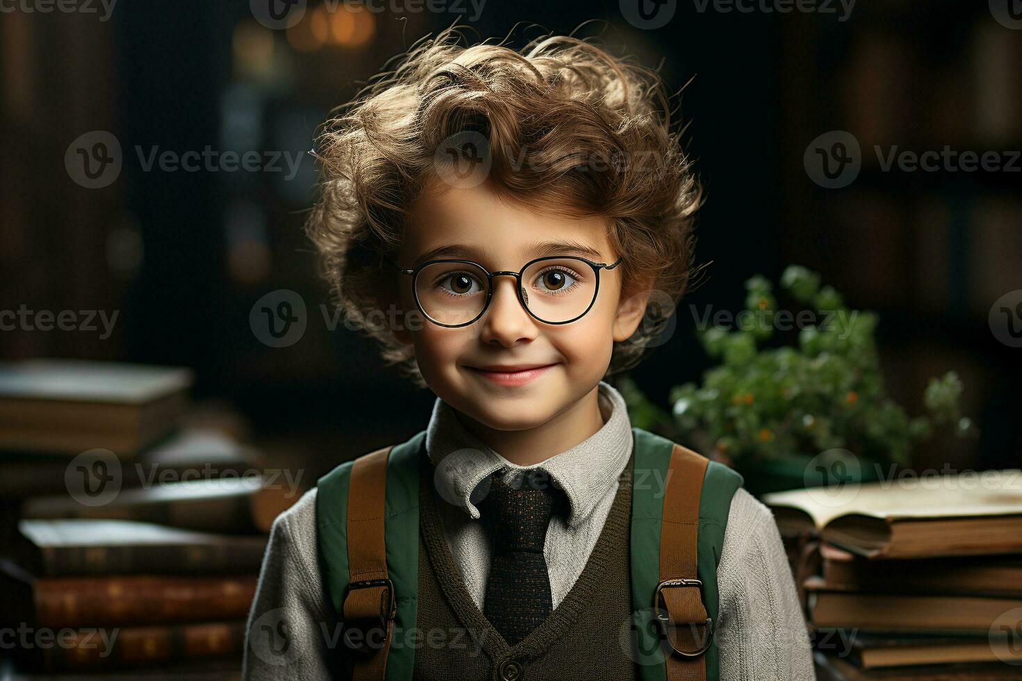 AI generated Smiling little boy with glasses .Elementary school child with book and bag. Back to school. generative ai photo