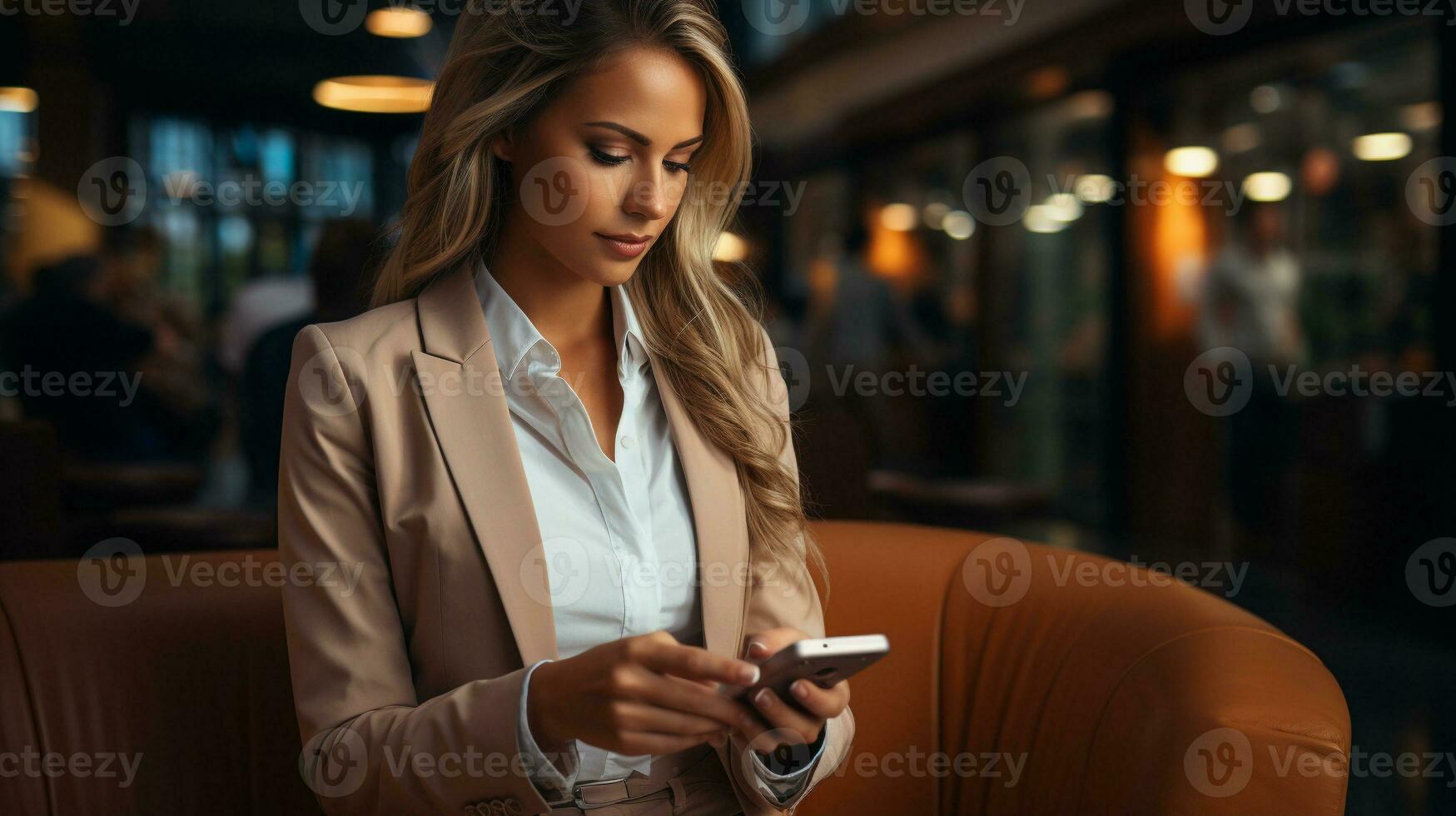 AI generated businesswoman using smartphone. generative ai. photo