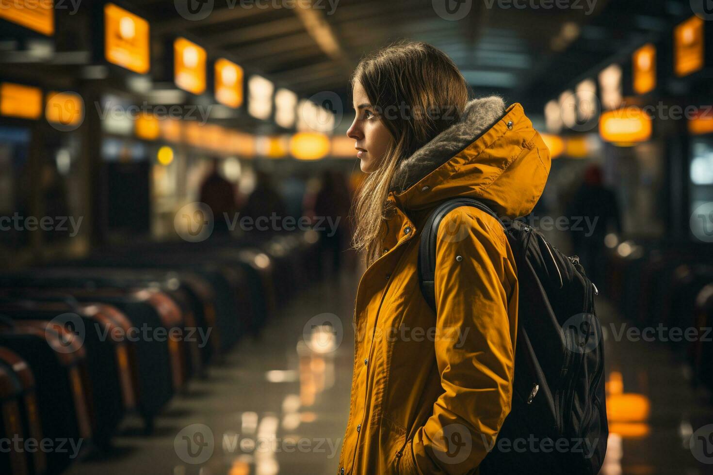 AI generated young woman at train station looking at destination board. Travel and public transport concept. generative ai. photo