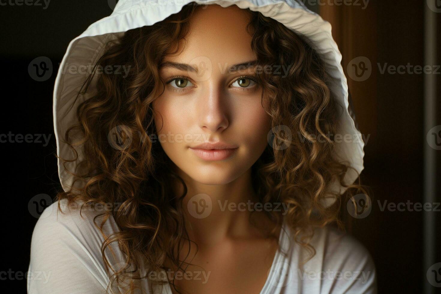 AI generated Image of beautiful young woman with curly hair. generative ai photo