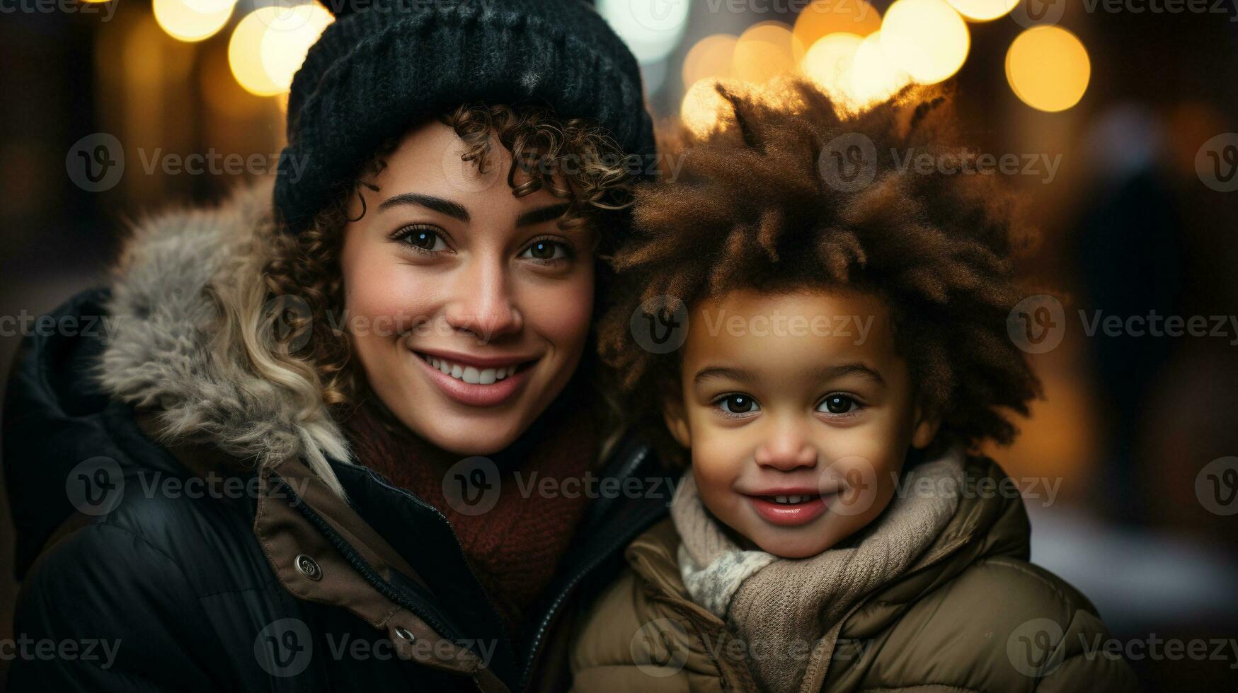 AI generated A smiling mixed race black mom and child in the city square, winter season, happy holidays. generative ai photo