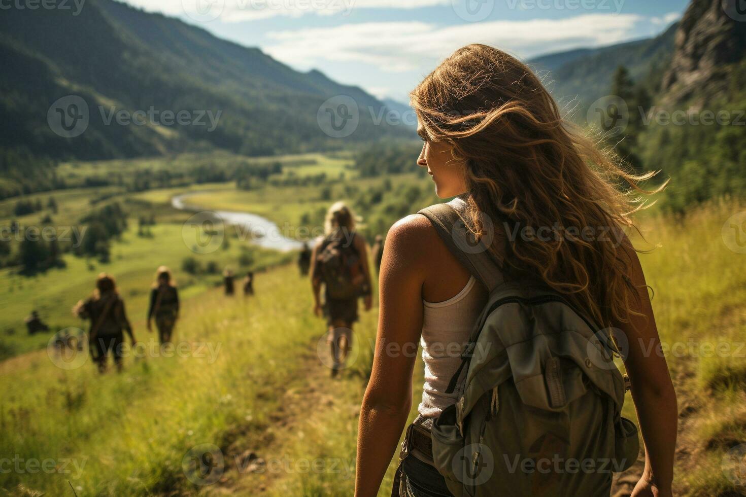 AI generated a candid photo of a family and friends hiking together in the mountains in the vacation trip week. sweaty walking in the beautiful american nature. fields and hills with grass.