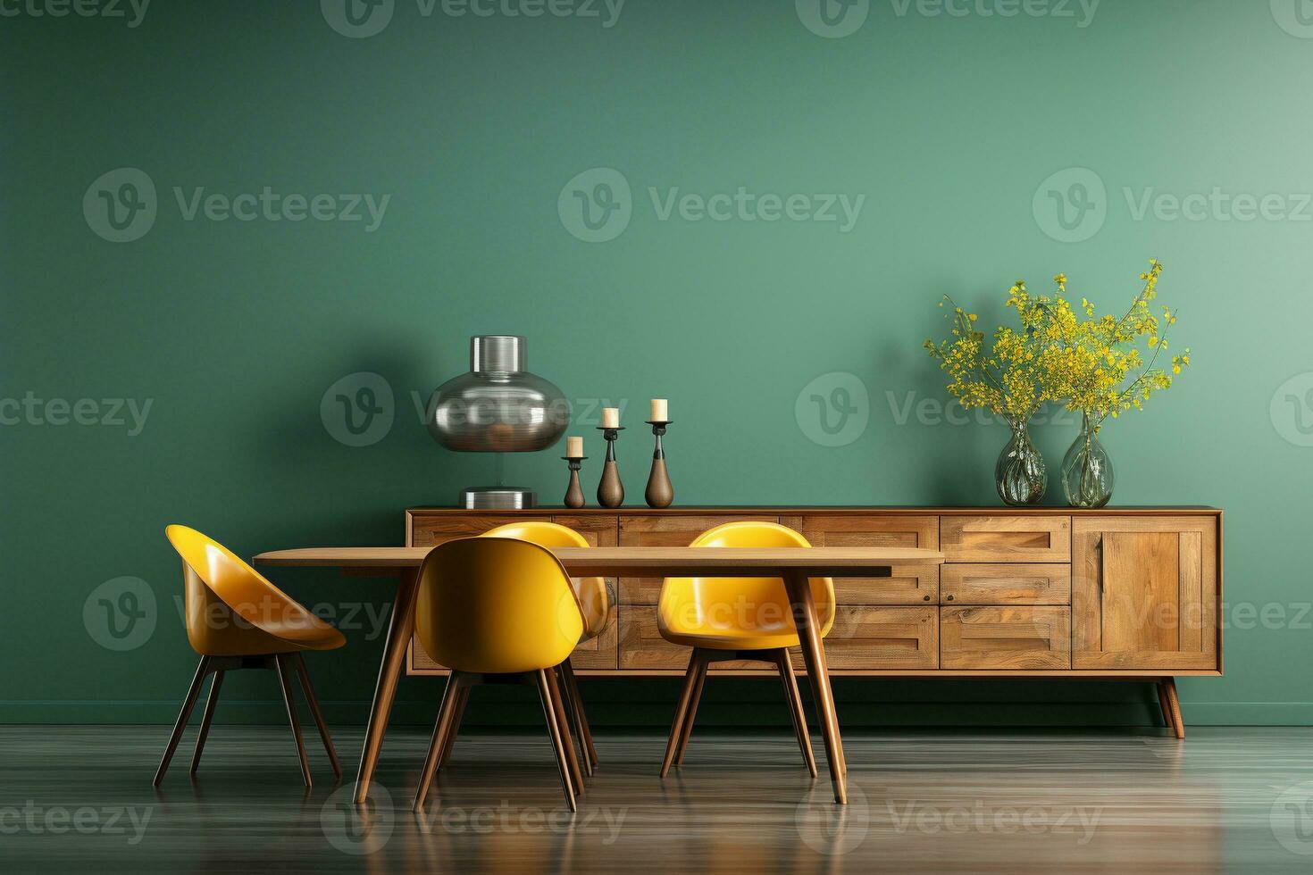 AI generated Interior design of modern dining room, wooden table and yellow chairs against green wall with sideboard. generative ai photo