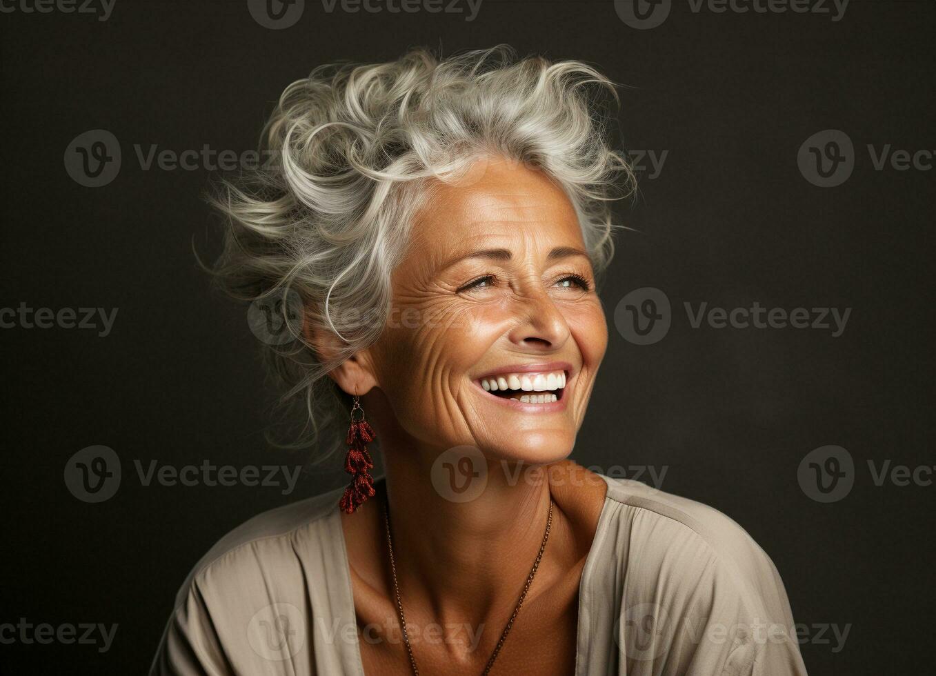 AI generated a closeup photo portrait of a beautiful elderly senior old mature female model woman grey hair laughing and smiling. morning skin care routine cosmetics on black background.