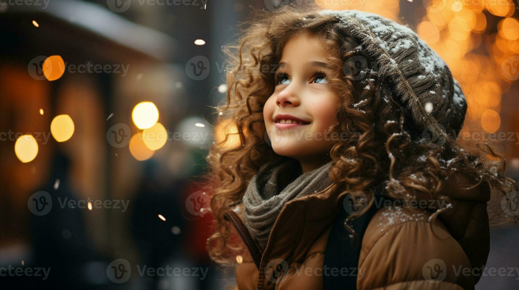 AI generated A side profile of girl child standing in the city, snow in the city square, christmas market, winter season, happy holidays. generative ai photo