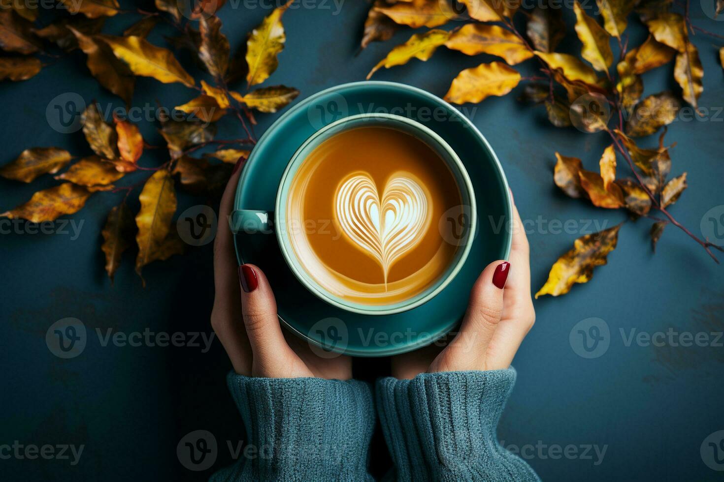 AI generated Cup of coffee and with woman's hand, fall leaves on blue background.  top view. generative ai. photo