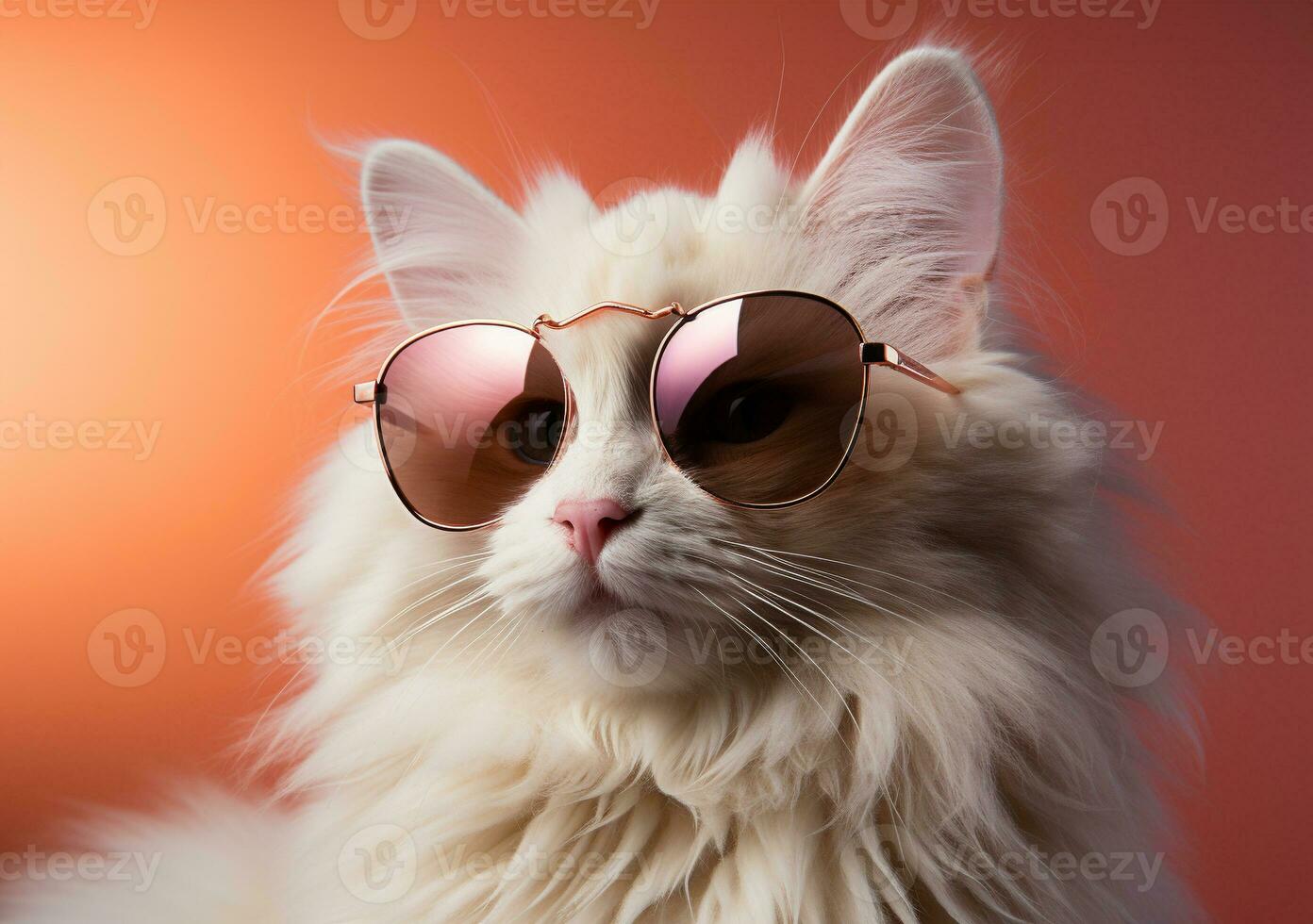 AI generated White fluffy cat in sunglasses on peach color background. photo