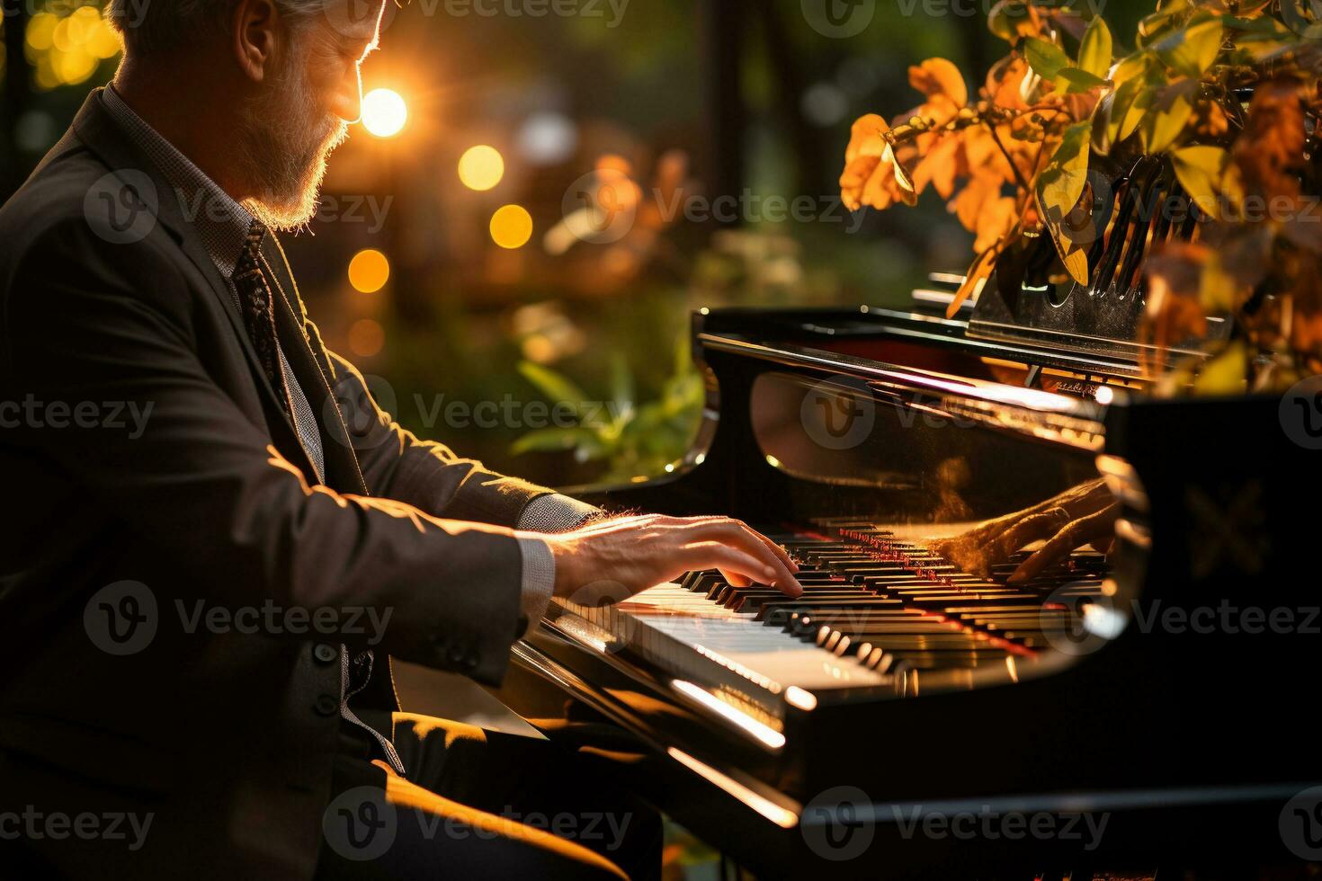 AI generated closeup photo of male hands of a person playing the piano pressing the keys. bokeh lights in the background. outside in the nature playing music instrument. generative ai.