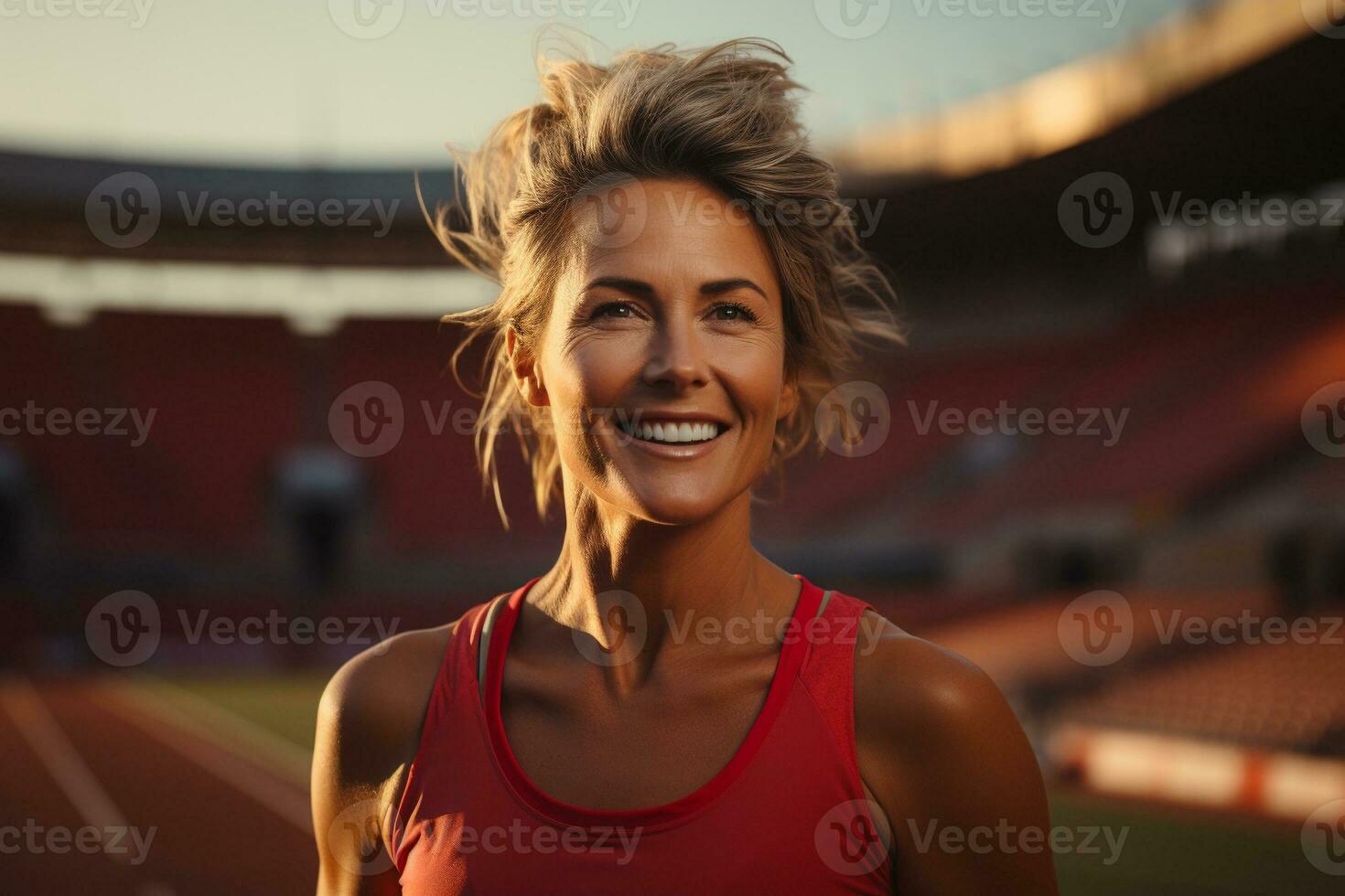 AI generated Happy mature woman running in the morning, exercise for weight loss in the stadium. generative ai. photo