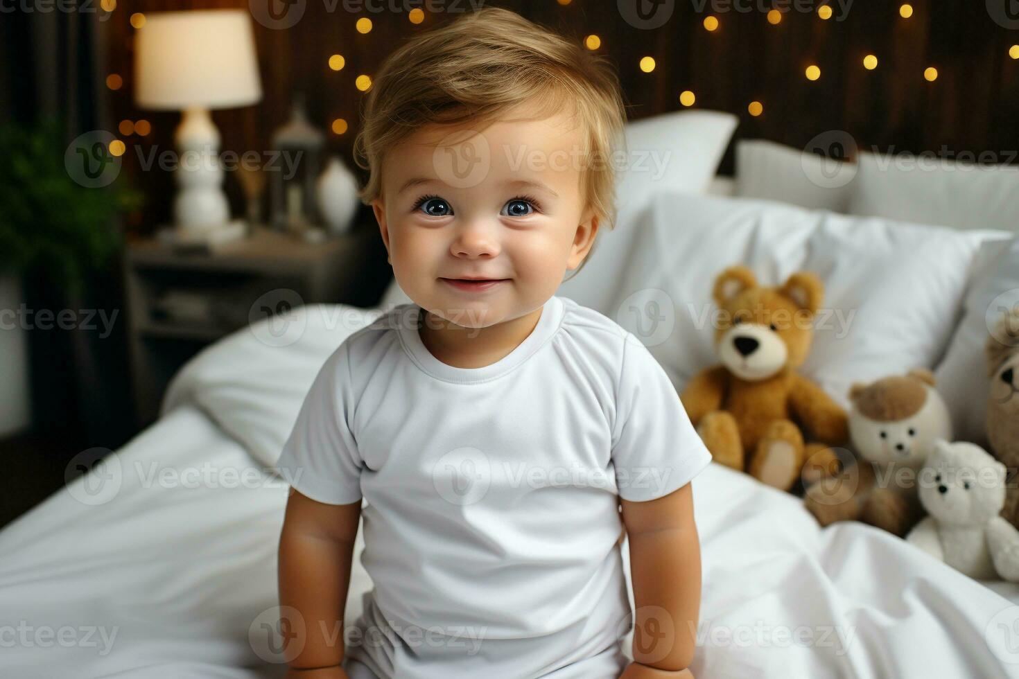 AI generated baby wearing a white bodysuit shirt is sitting on a bed in a bedroom. generative ai. photo