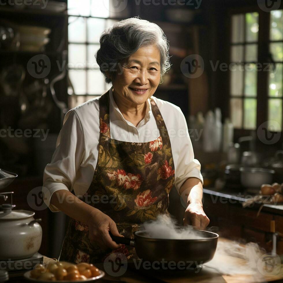 AI generated 80 year old Chinese woman cooking in home kitchen. generative ai. photo