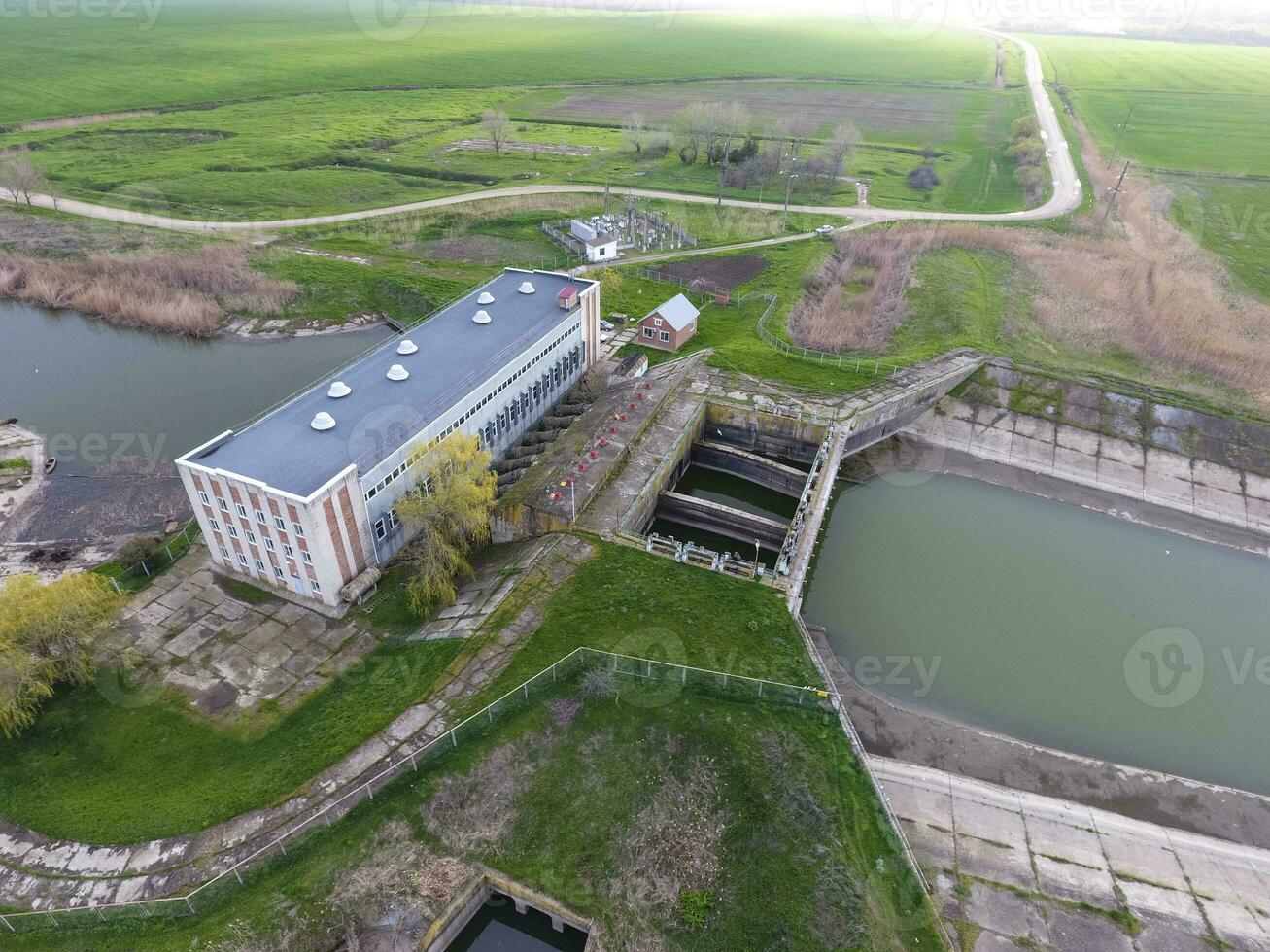 Water pumping station of irrigation system of rice fields. View photo