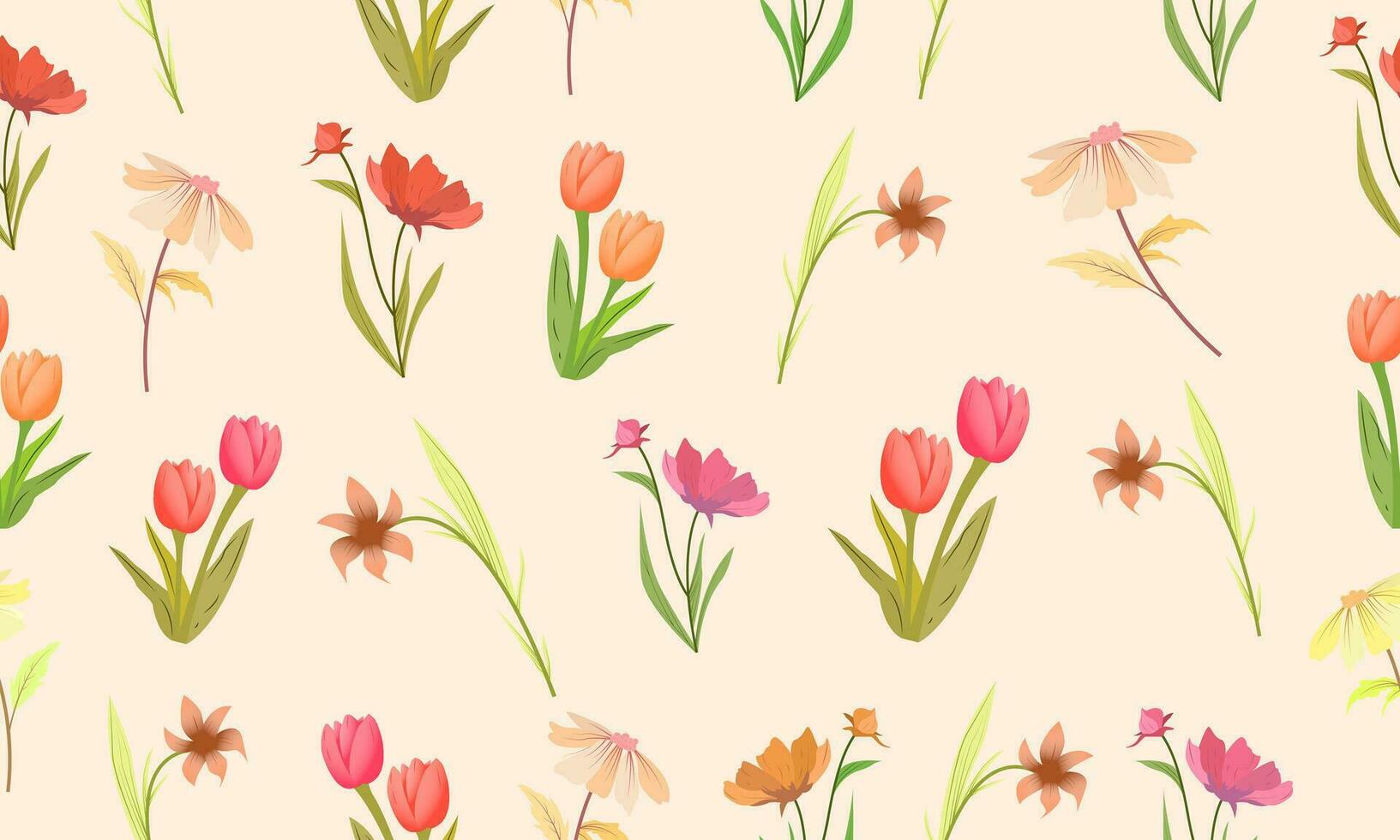 vector decorative plants seamless pattern, wallpaper plants style. Hibiscus sabdrariffah, Elegans Zinnia, Tulipa sp