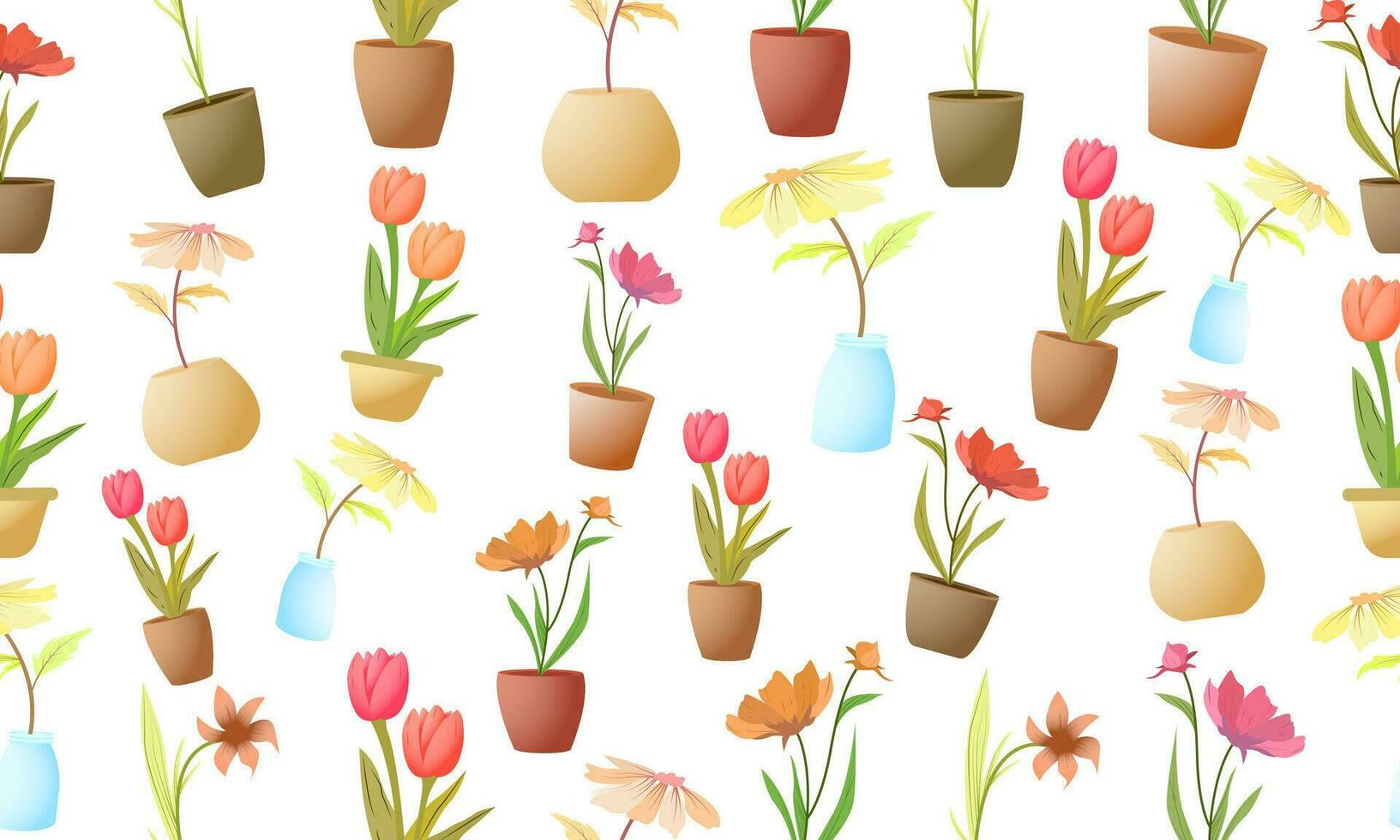 vector decorative plants seamless pattern with pot, wallpaper plants style. Hibiscus sabdrariffah, Elegans Zinnia, Tulipa sp