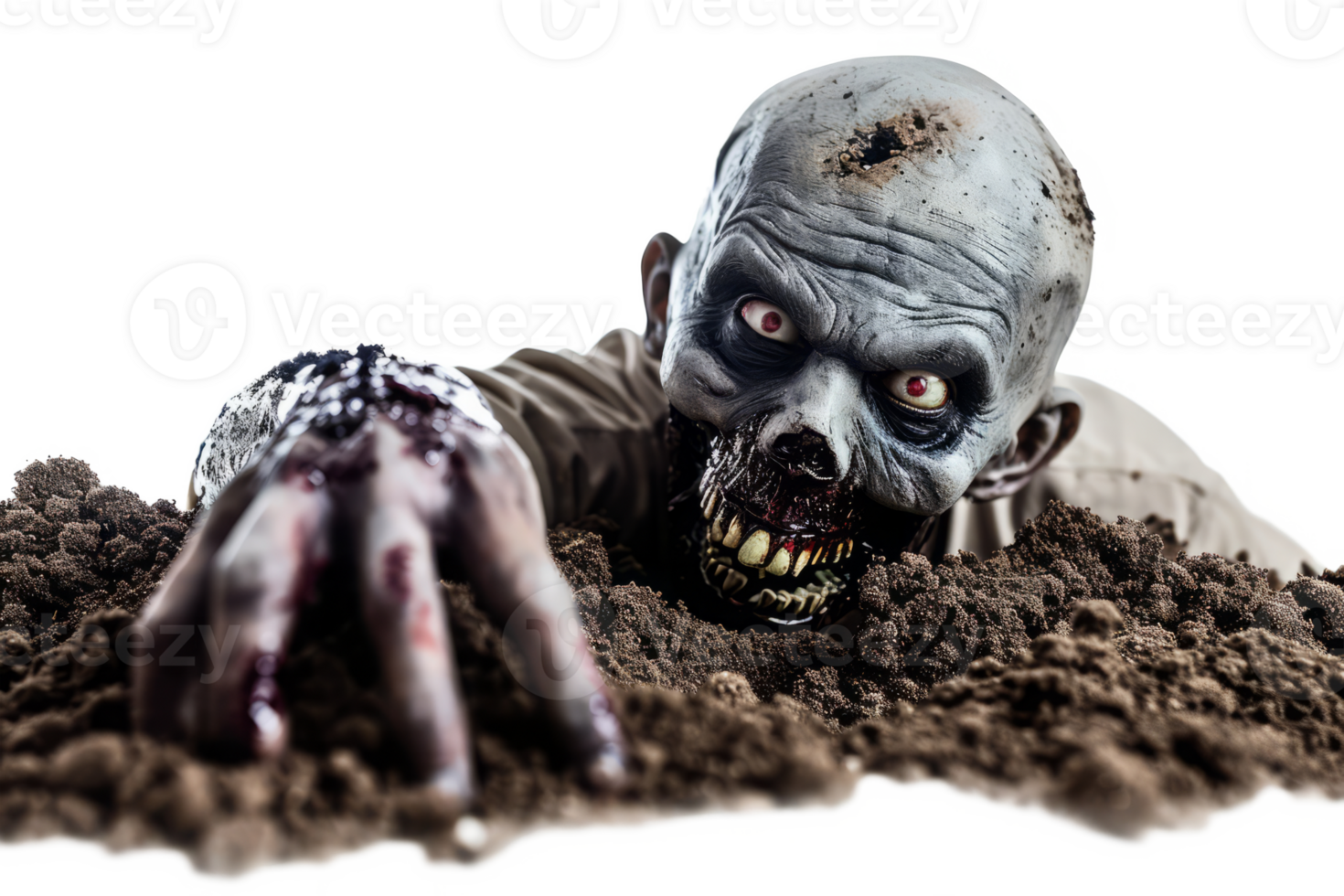 AI generated Zombie man isolated on transparent background. Bloody male zombie crawls out of the grave soil and stretches out its arms. Zombie apocalypse png