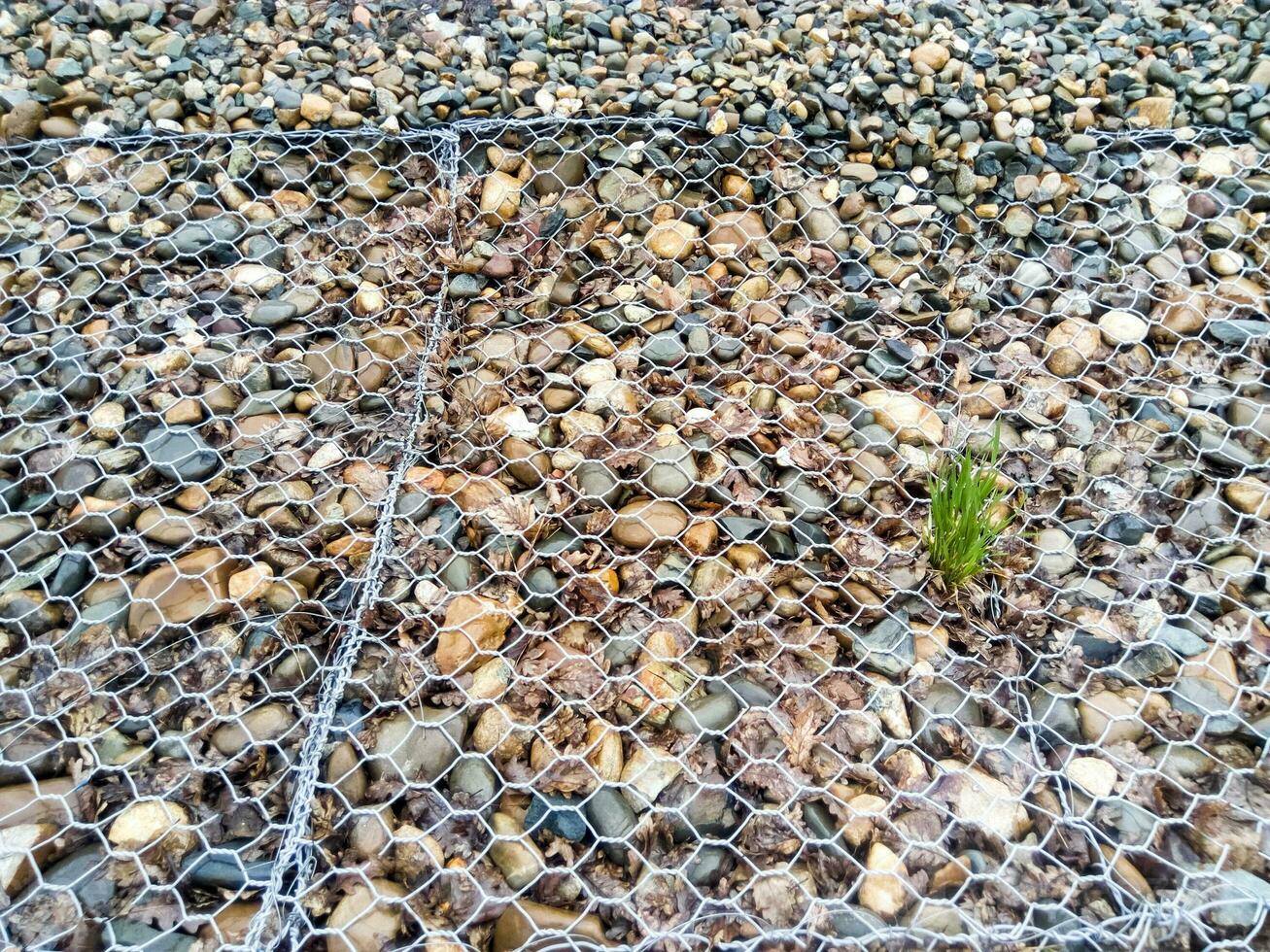 Retaining net on the slope. The net keeps the pebble from scattering photo