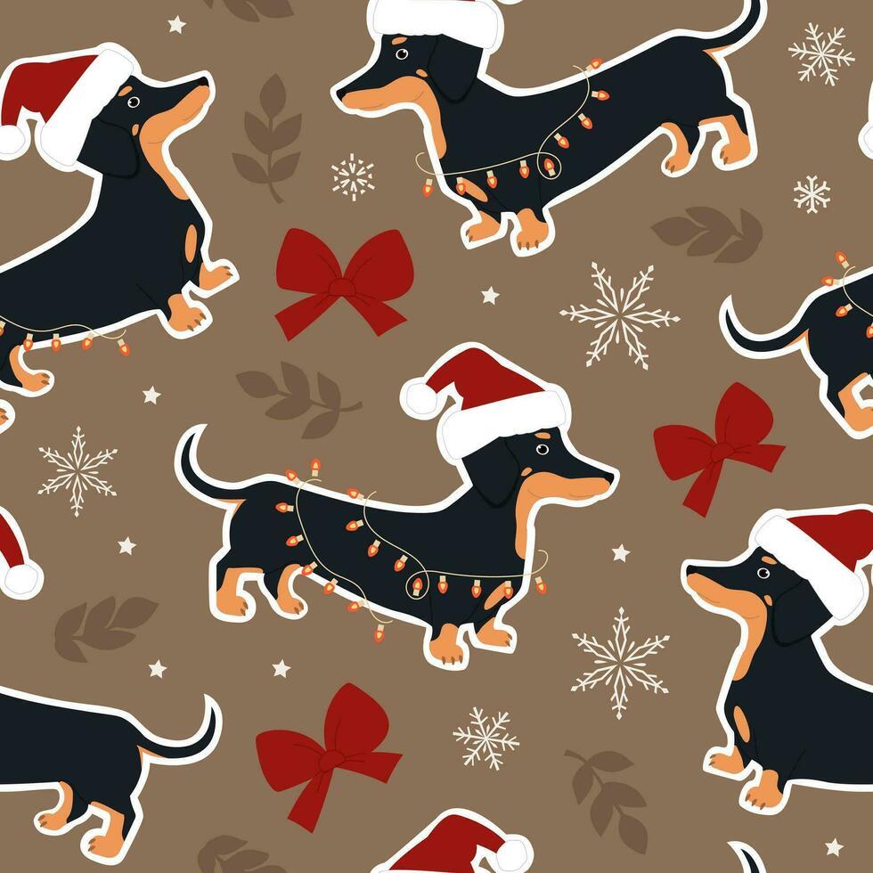 Dachshund in Santa's hat. Cute festive seamless pattern of dogs and winter elements. Hand-drawn vector illustration in trendy colors.