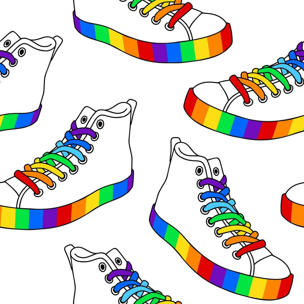 sin costura modelo con zapatillas con arco iris cordones y suelas vector moderno plano ilustración.