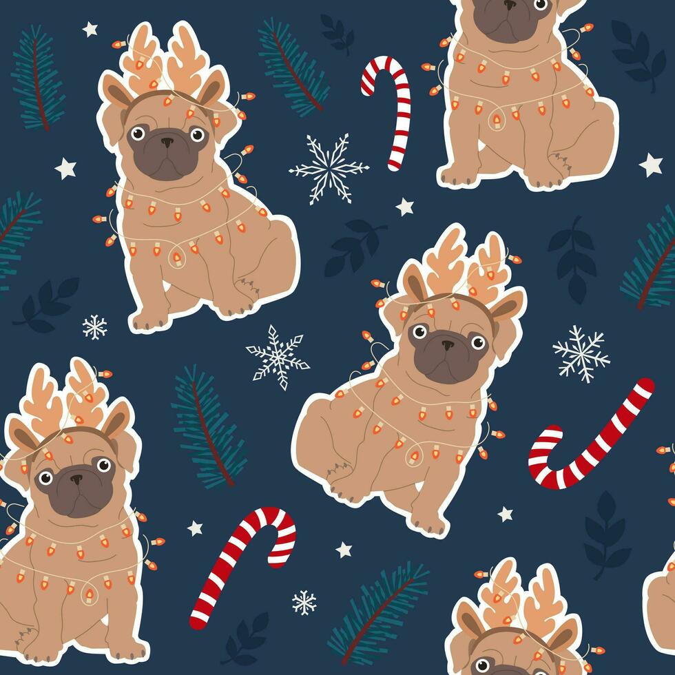 Pug in deer antlers with Christmas elements. Cute festive dogs seamless pattern. Hand-drawn modern vector illustration.