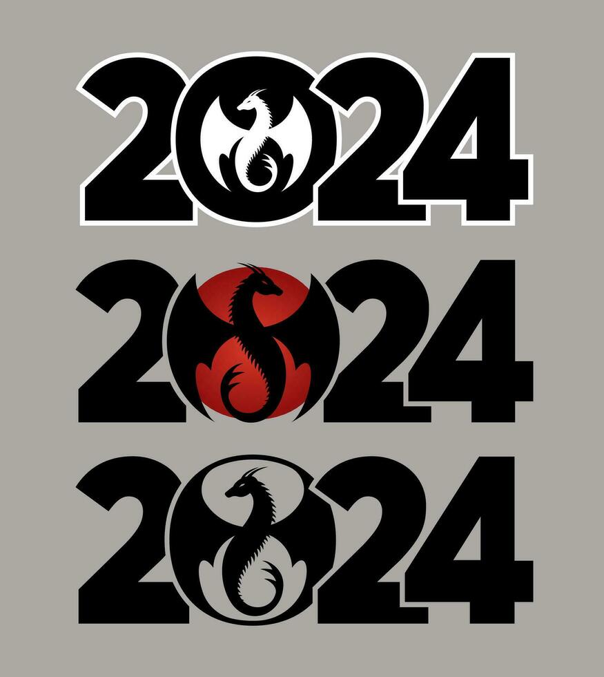 Set of logos 2024 with dragons. Icon with the symbol of the year. Simple and modern design. Chinese New Year. vector