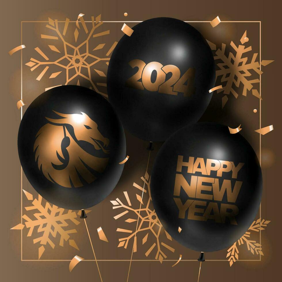 Happy New Year 2024 card with dragons, balloons, snowflakes, and congratulatory text in gold and black colors. Vector 3D illustration.