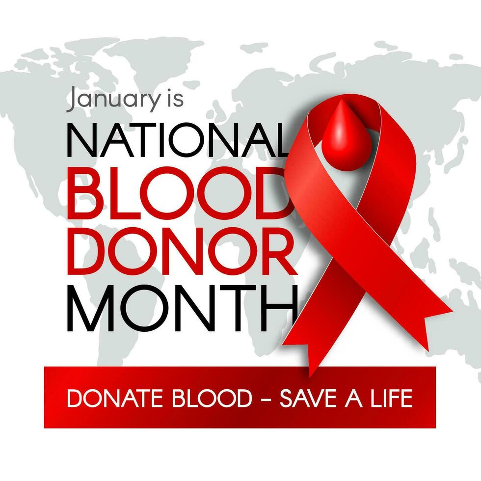 National Blood Donation Month banner with a red ribbon, text, and a world map vector