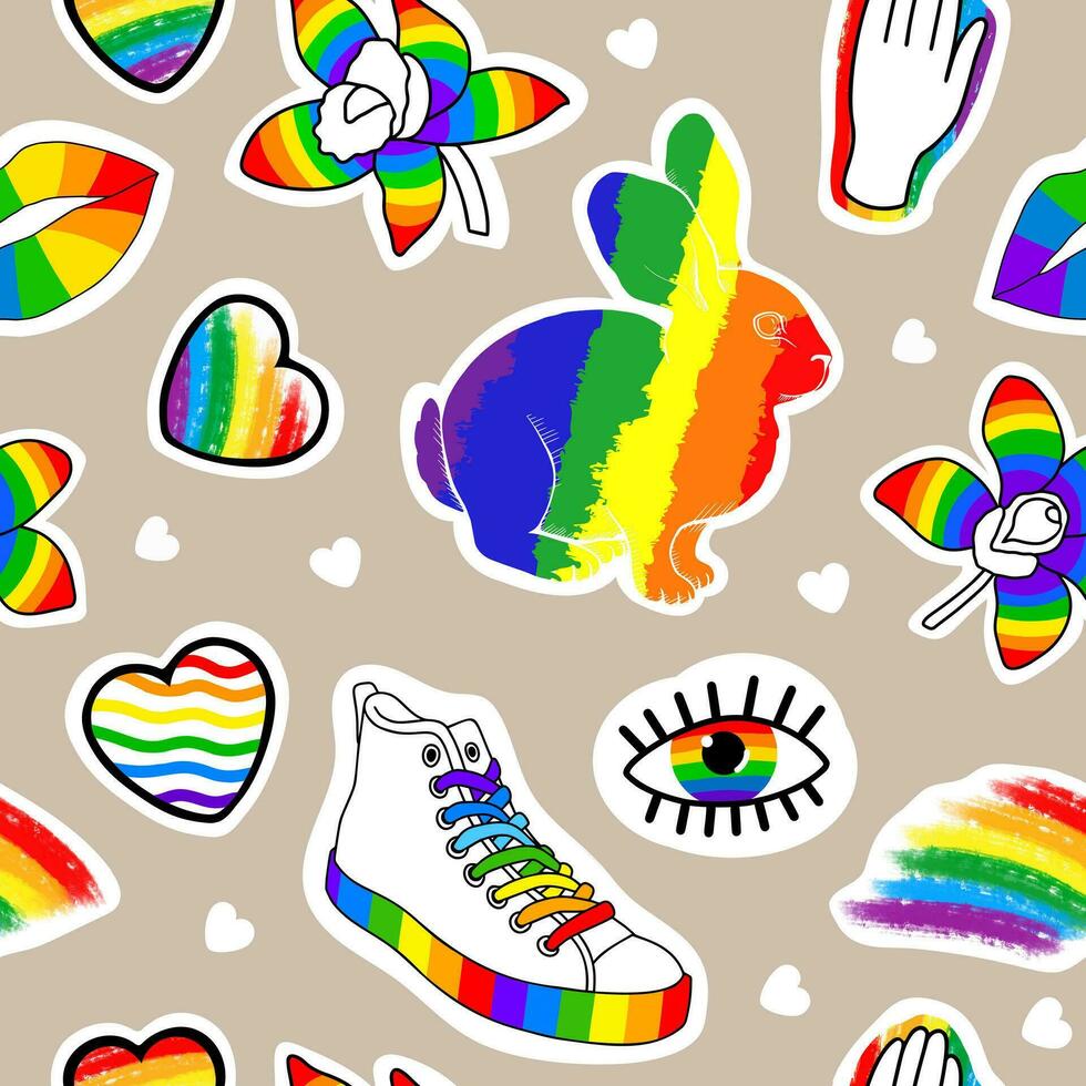 LGBTQ seamless pattern. Colorful design elements and symbols. Hand drawn illustration for pride month. Flowers, rabbit, eyes, sneakers, hearts. vector