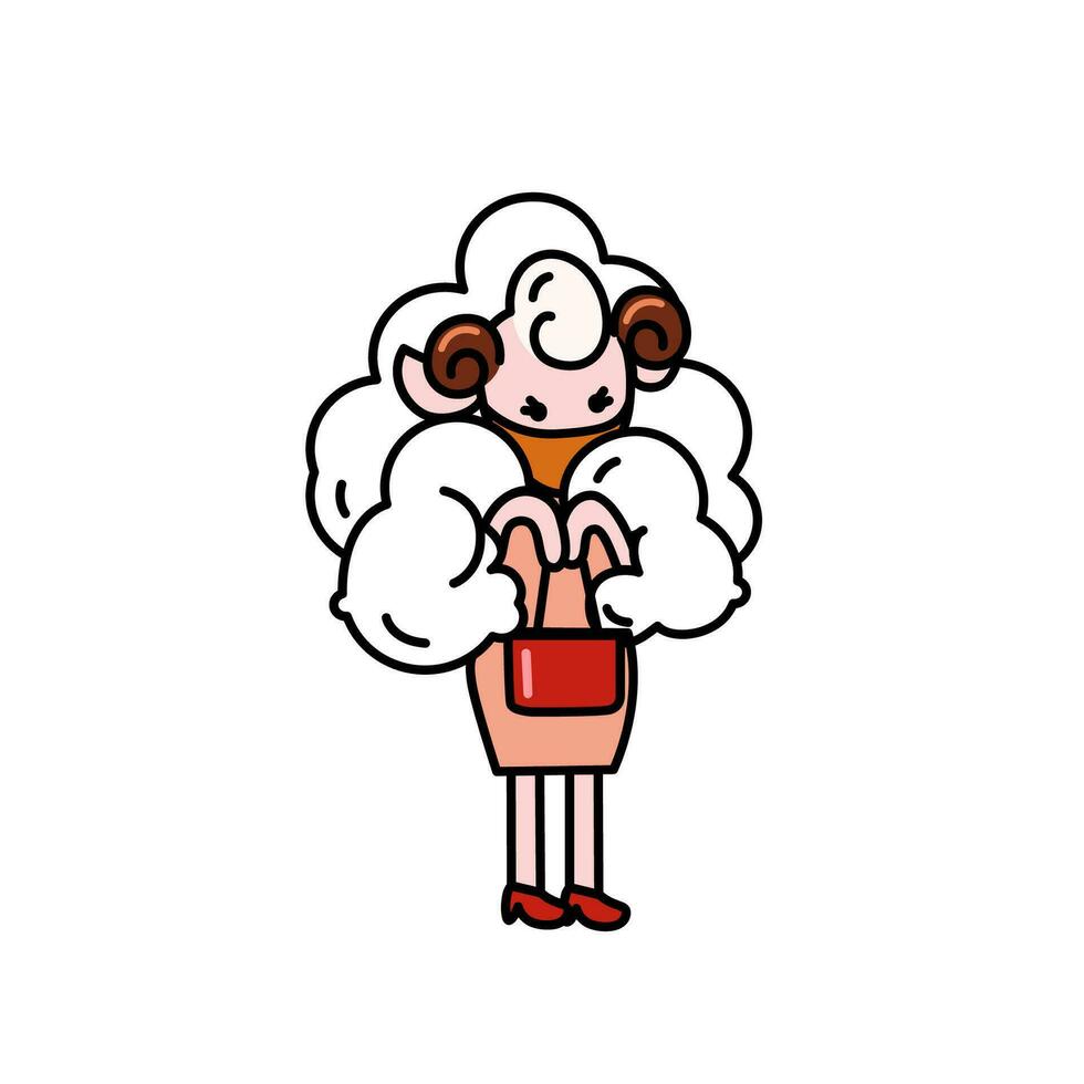 A cute sheep wearing sanitary mask prevent coronavirus, flu, dust cartoon character with black outline flat vector illustration isolated on white background.