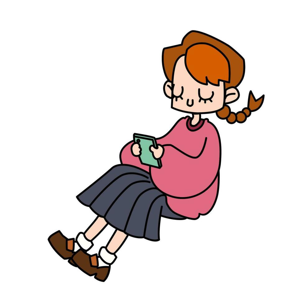 un linda coleta Chica de escuela utilizando teléfono inteligente con negro contorno plano dibujos animados vector ilustración aislado en blanco antecedentes. un rosado suéter estudiante niña jugando juego, mirando vídeo o social medios de comunicación.